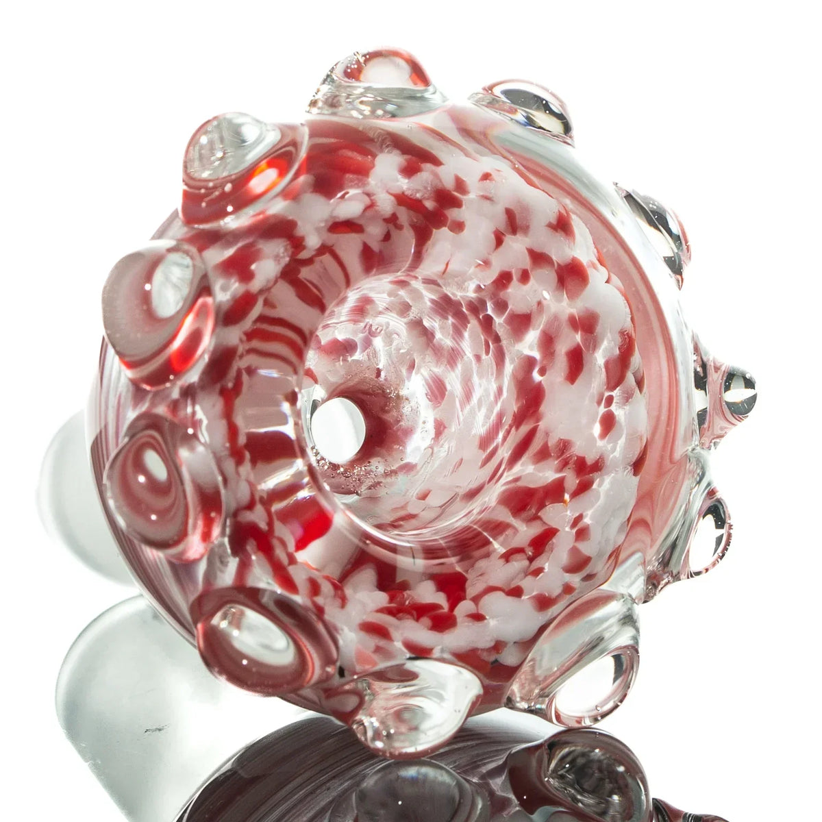 Red and white 14mm glass bowl slide with frit pattern and decorative glass dots