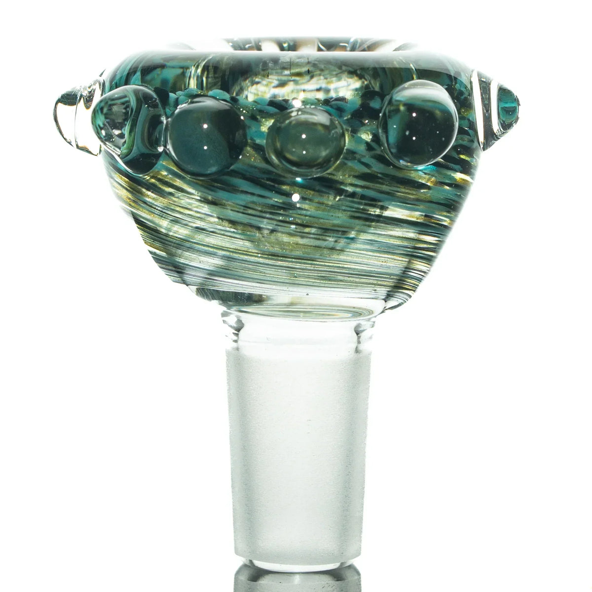 Teal and black 14mm glass bowl slide with fritted swirl design and decorative marbles.