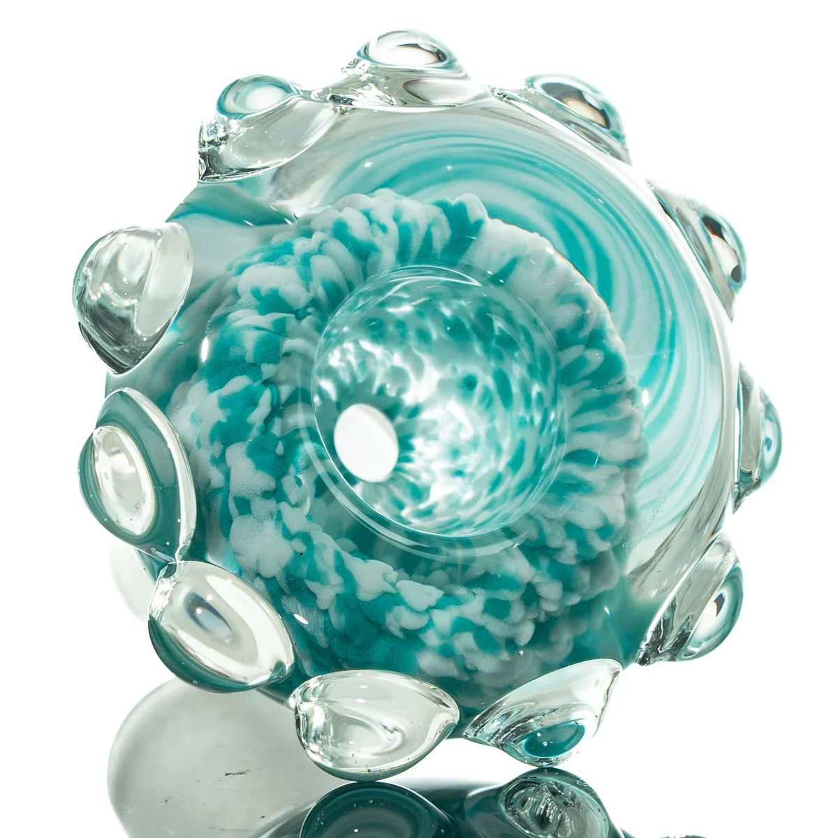 Teal and white 14mm frit glass slide bowl with clear glass accents, viewed from the top