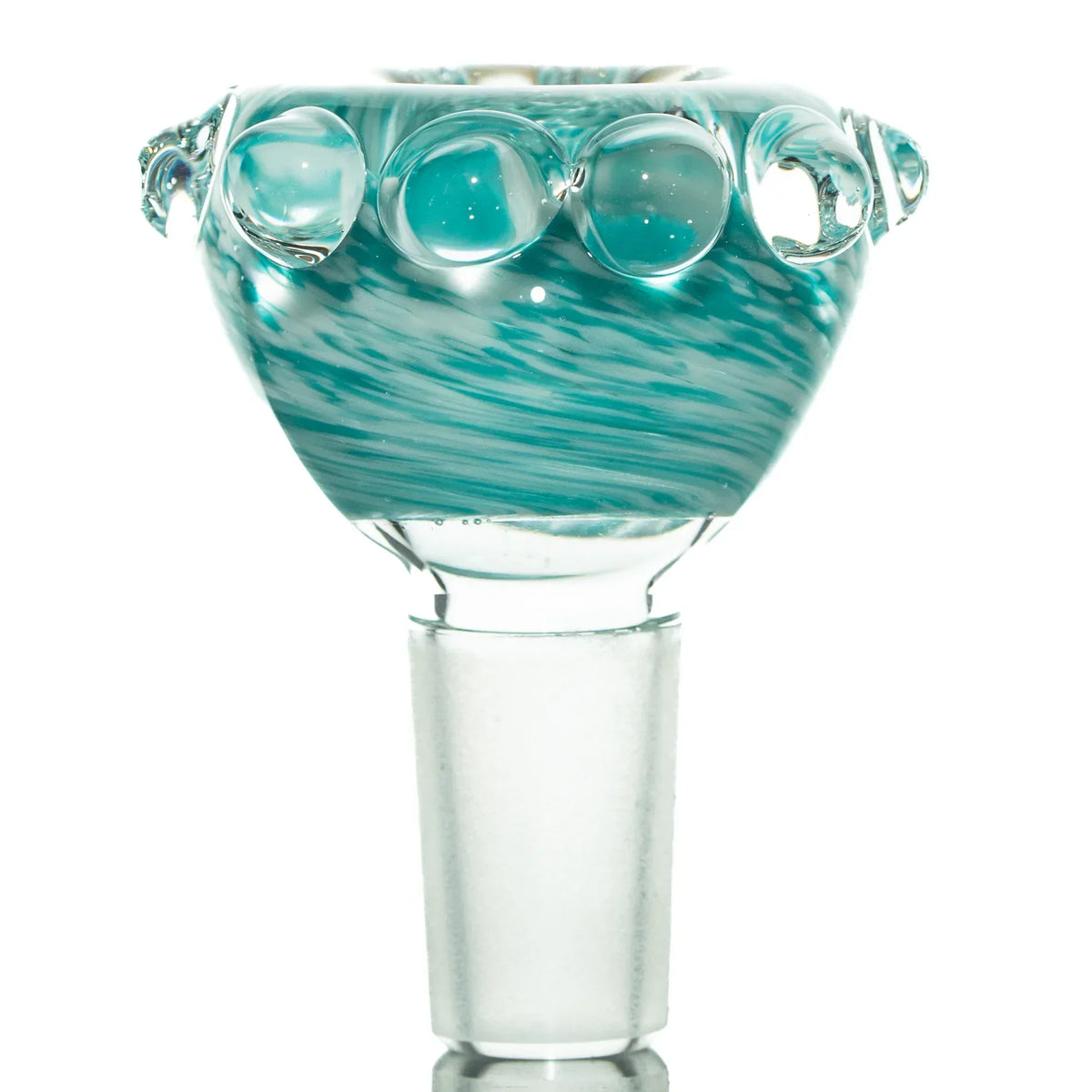 Teal and white 14mm glass bowl slide with decorative marbles for water pipes