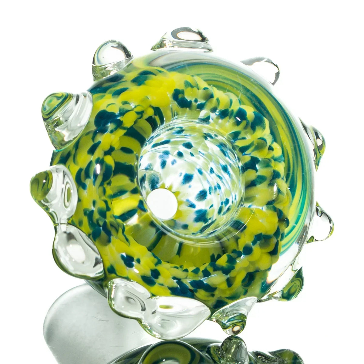 Yellow and blue frit glass bowl slide with marble accents, 14mm, for water pipe