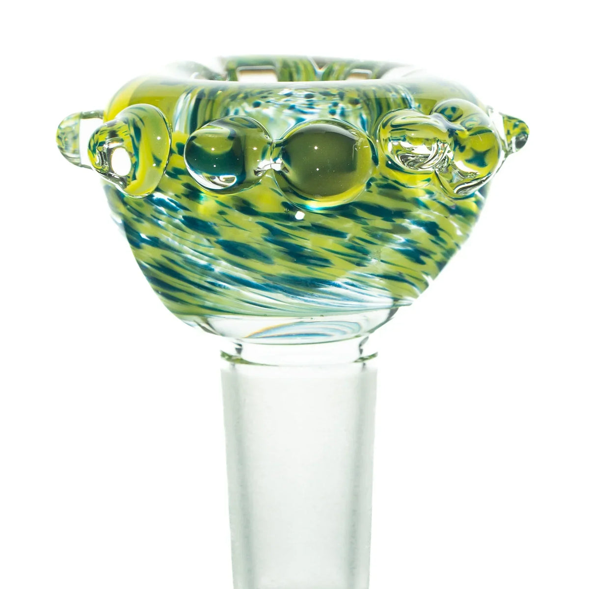 Yellow and blue 14mm frit glass slide bowl with marble accents for water pipe