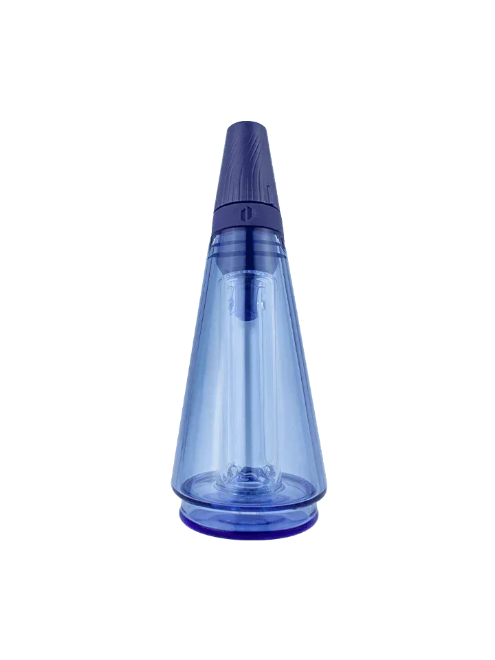 Blue glass vaporizer attachment with a conical shape on a plain background