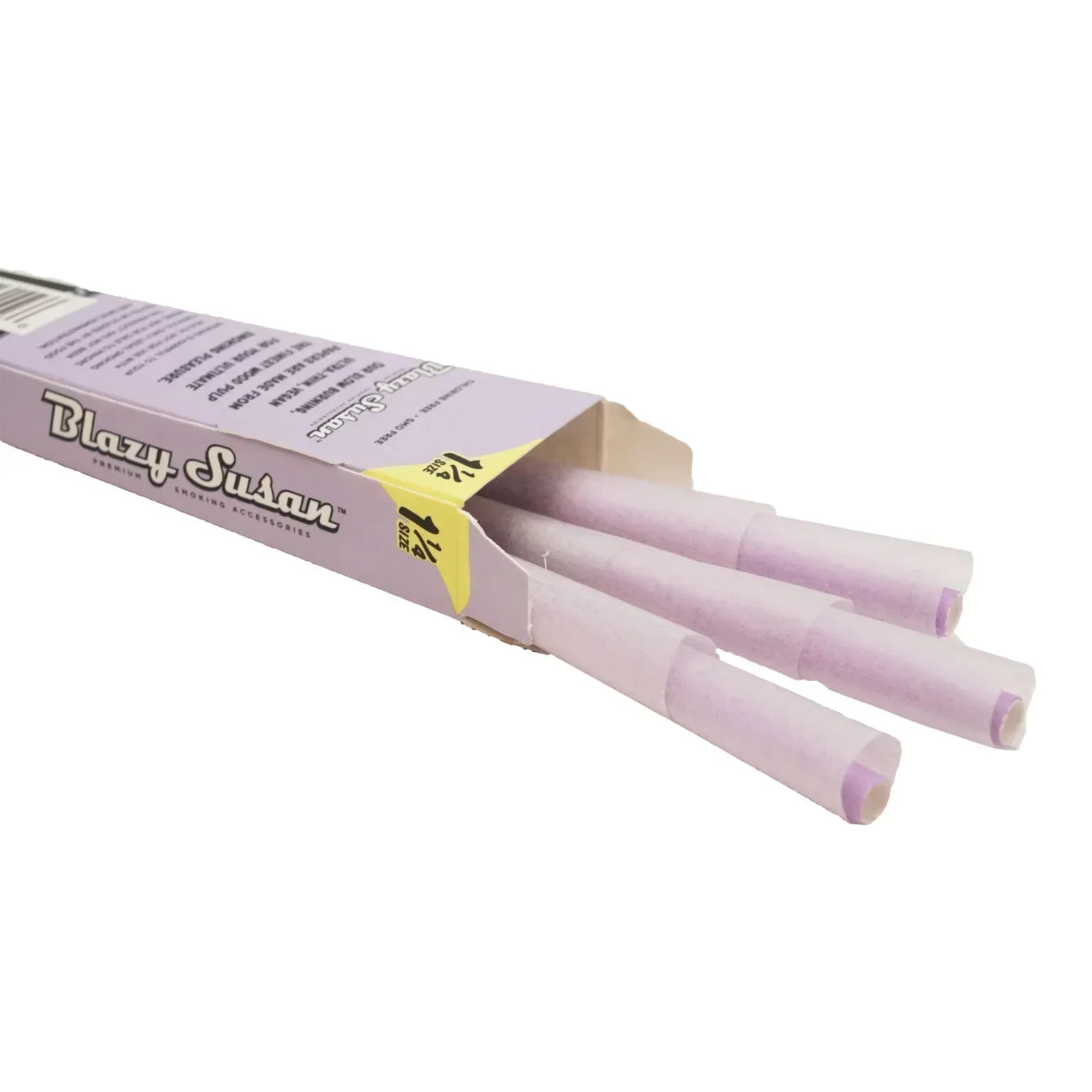 Open box of Blazy Susan pink 1 1/4 pre-rolled cones for smoking, four cones visible