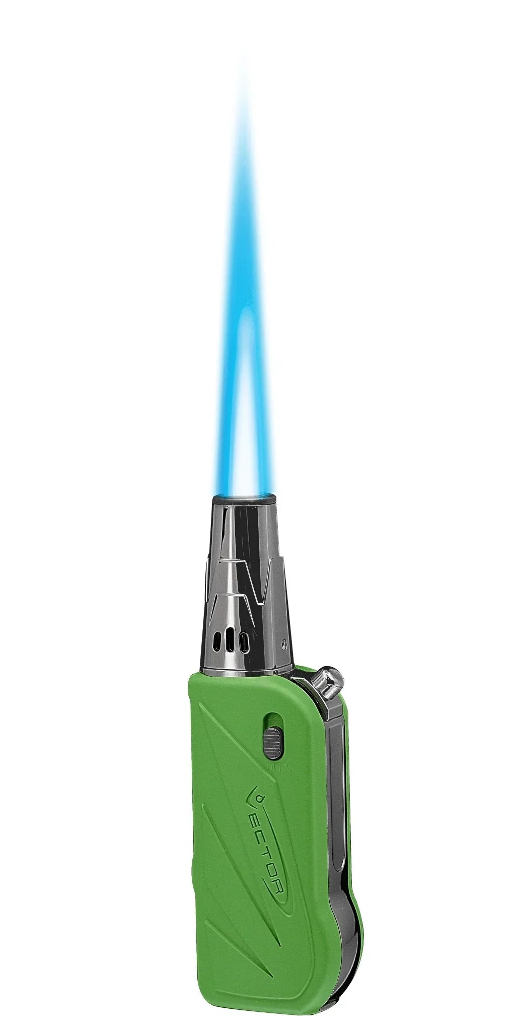 Green butane torch lighter with blue flame, metal nozzle, standing upright on white background