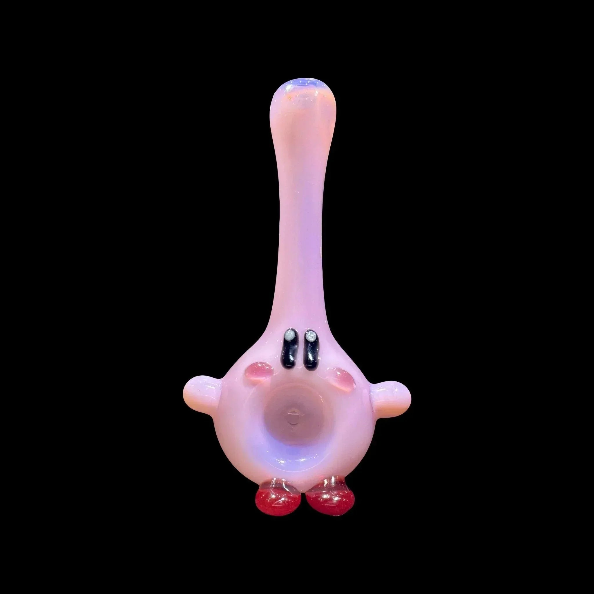 Pink glass spoon pipe with cartoon face and red feet on black background
