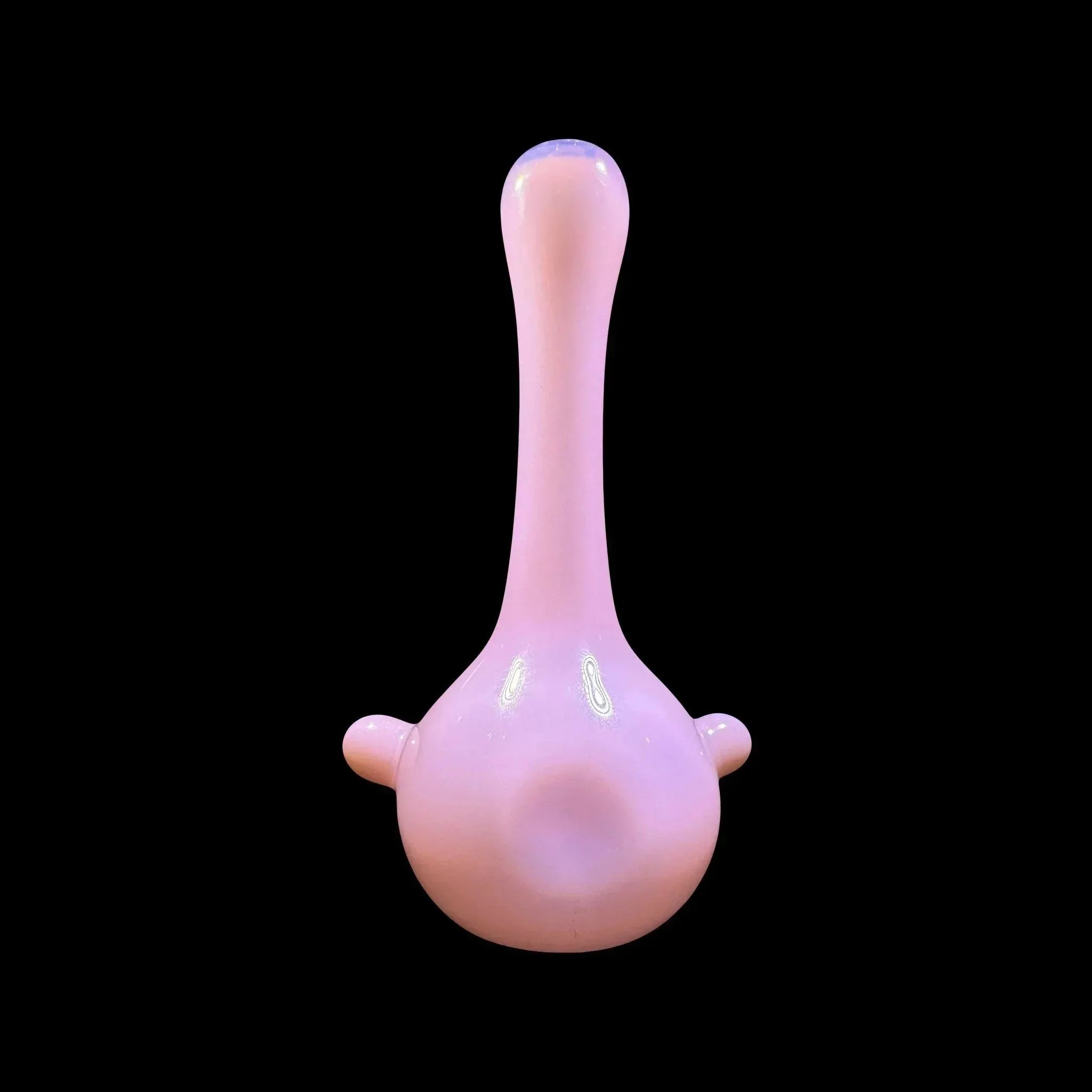 Pink glass hand pipe with long neck and rounded base on black background
