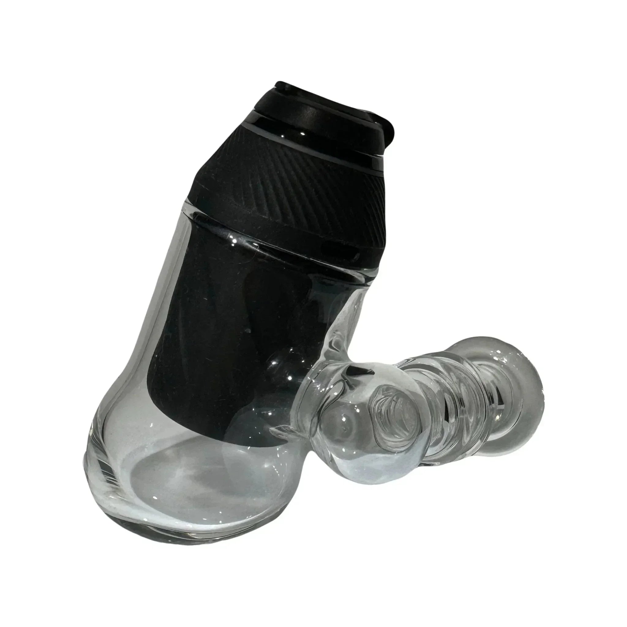 Clear and black glass hand pipe with ribbed grip and angled mouthpiece on white background