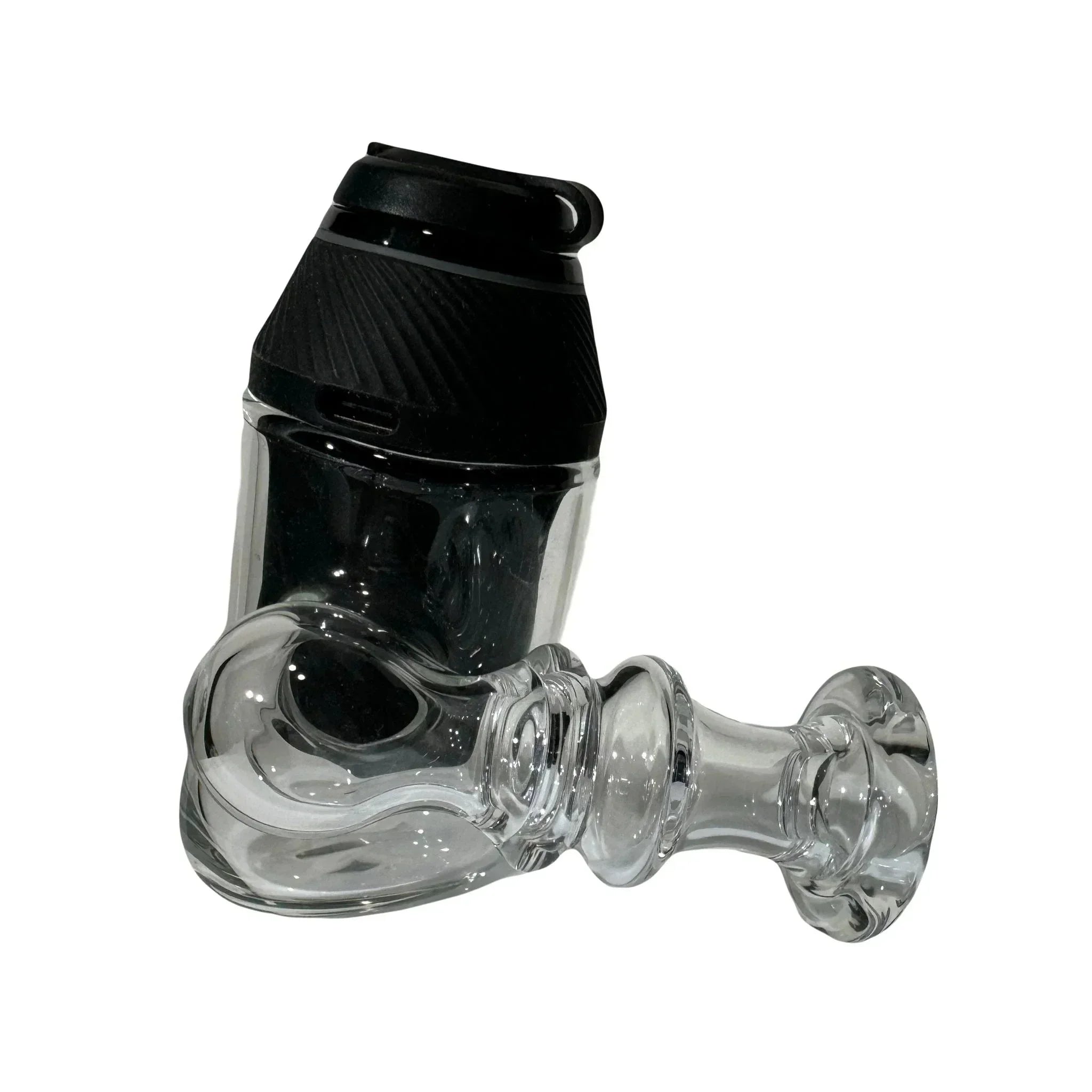 Clear glass pipe with black mouthpiece, smoking accessory on white background