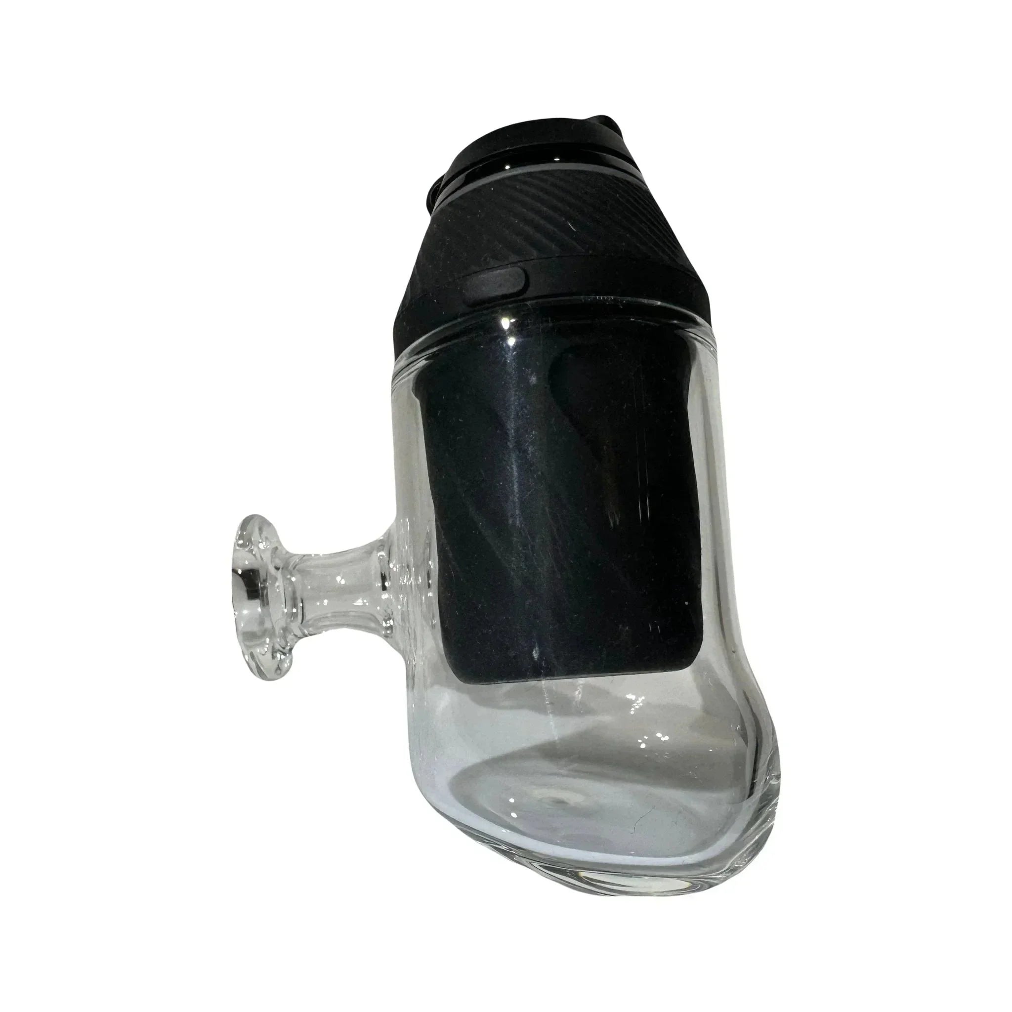Clear glass vaporizer attachment with black silicone top, isolated on white background
