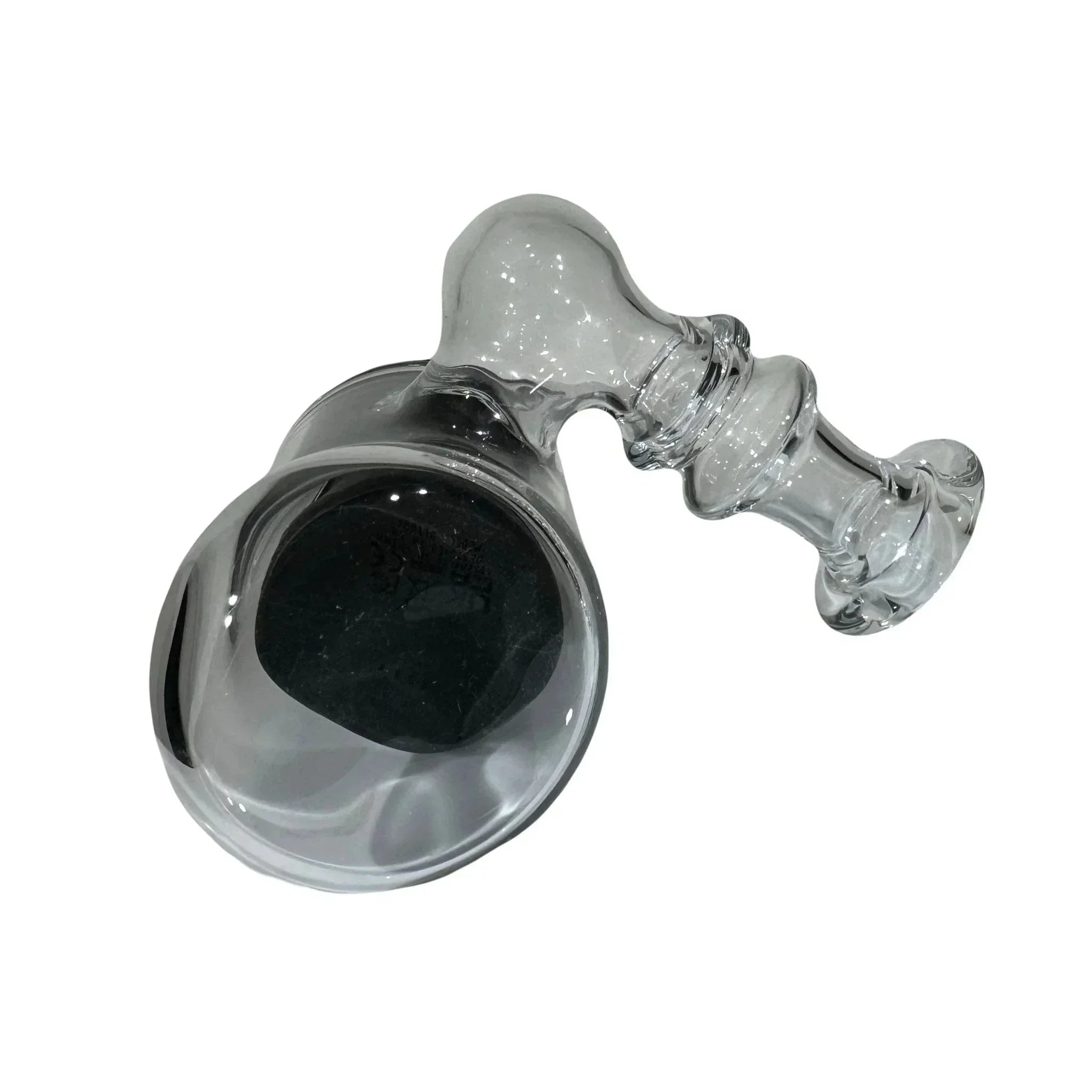 Clear glass hand pipe with curved design and wide bowl on white background