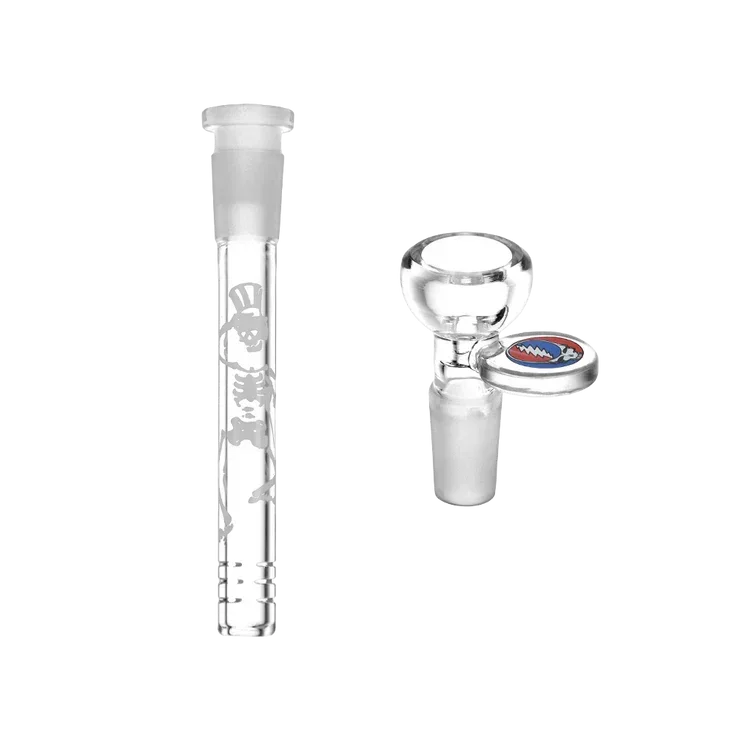 Clear glass downstem with skeleton etching and matching glass bowl featuring colored emblem