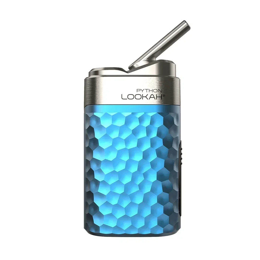 Lookah Python vaporizer with textured blue honeycomb design and flip-out mouthpiece