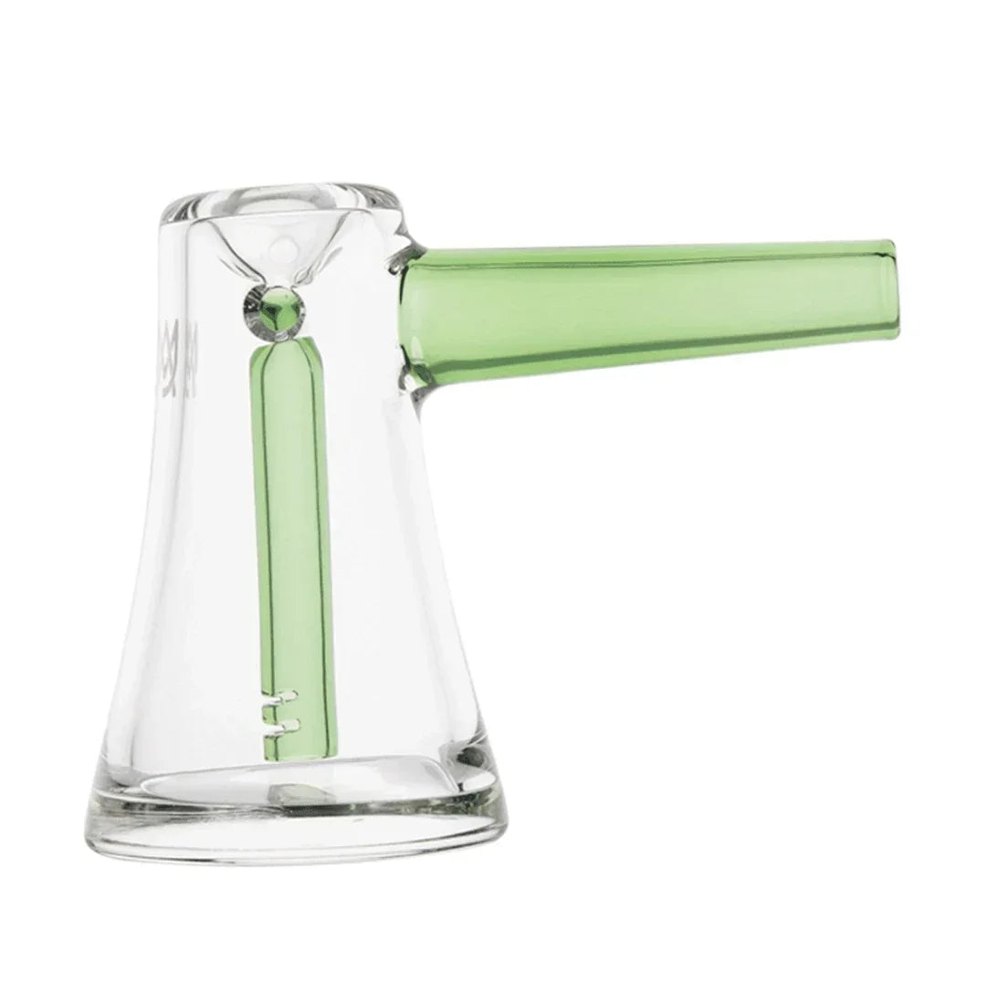 Clear and green glass bubbler pipe with angled mouthpiece on white background