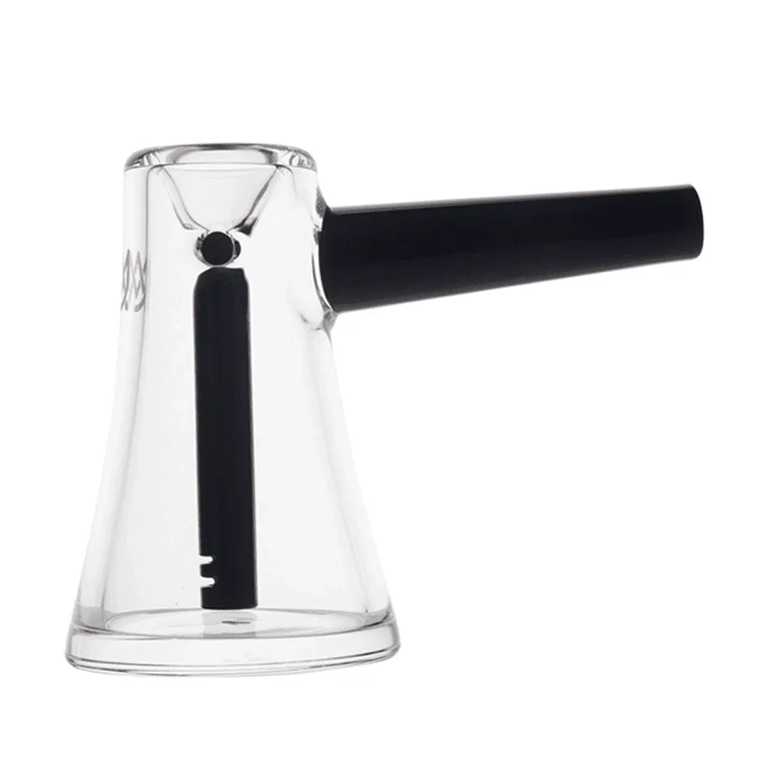 Clear glass bubbler pipe with black mouthpiece and downstem on white background