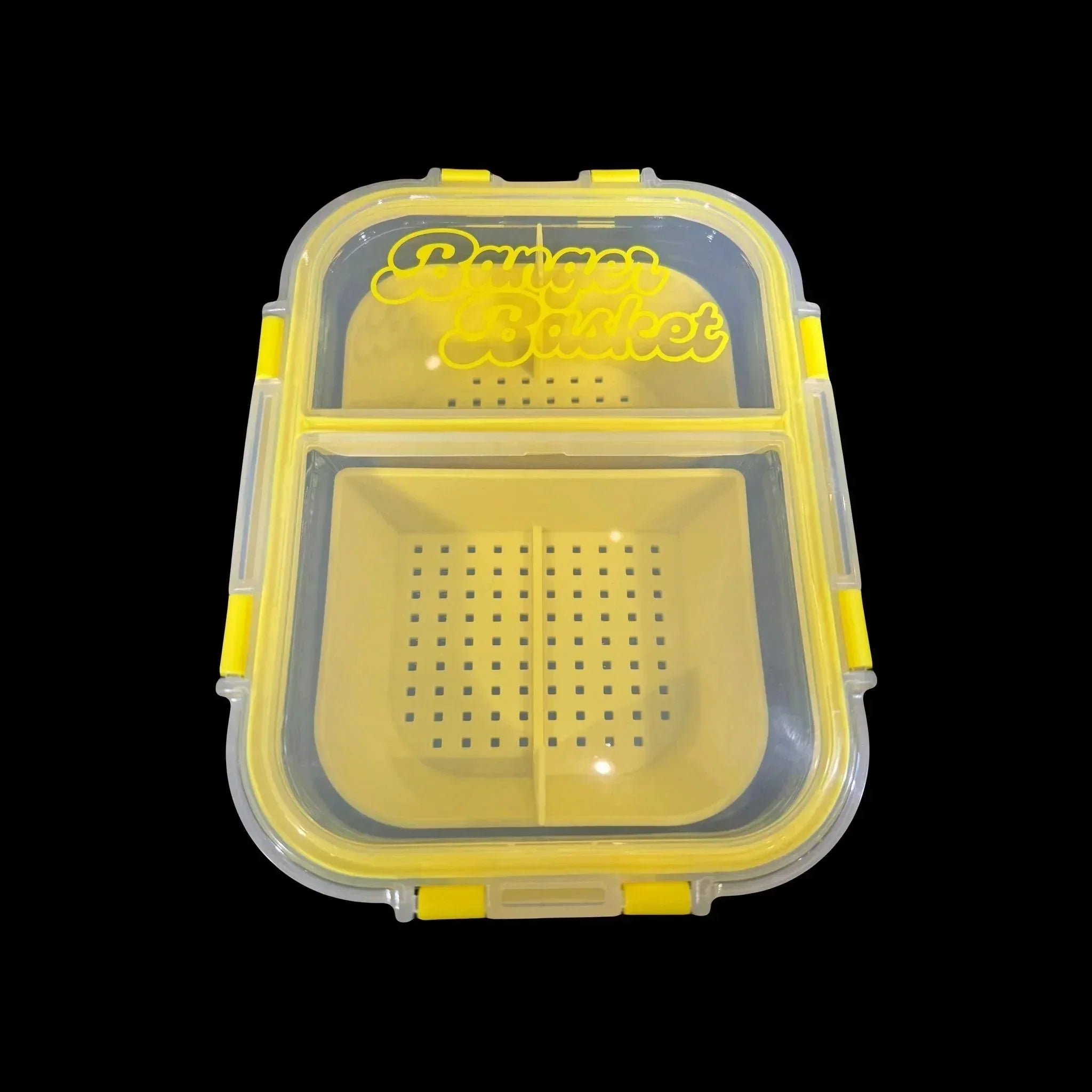 Yellow and clear plastic storage container with divided, perforated compartments and secure lid
