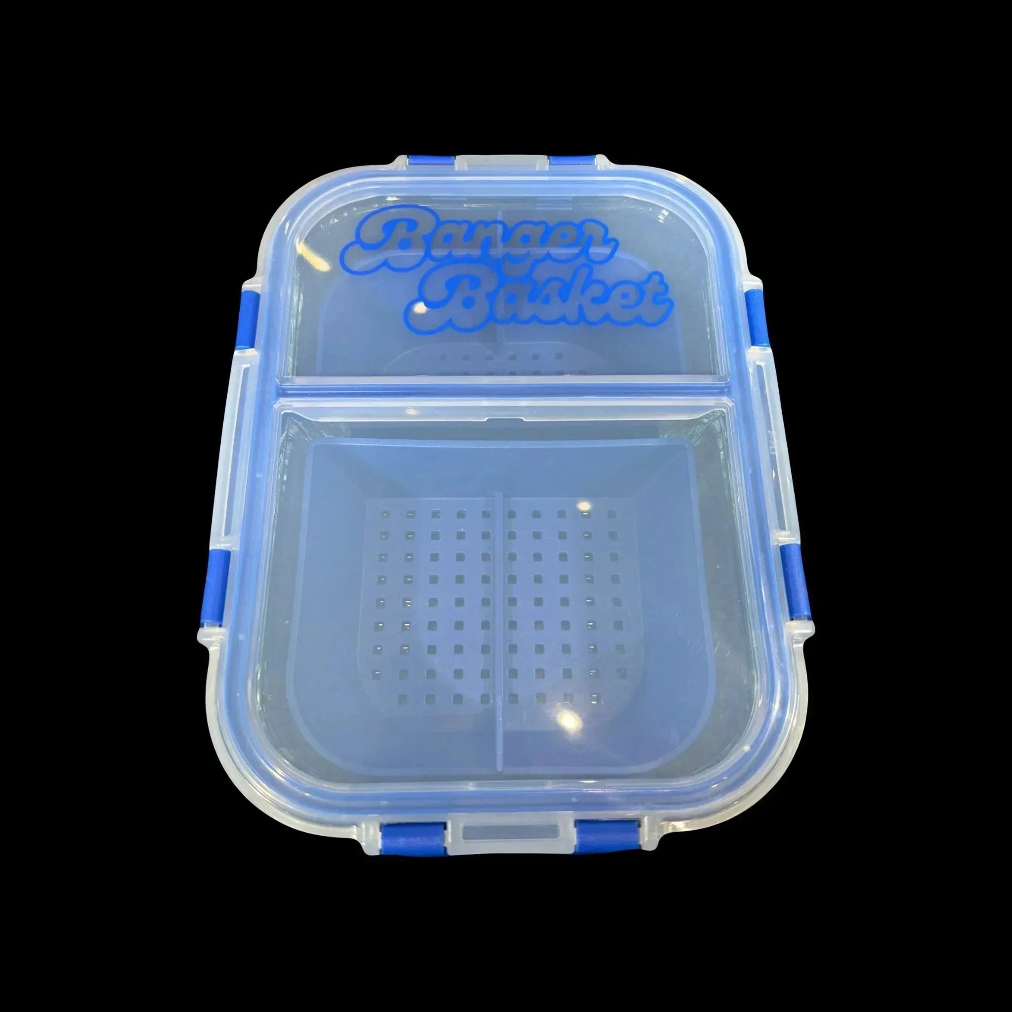 Clear plastic Banger Basket storage container with blue accents and divider, on black background