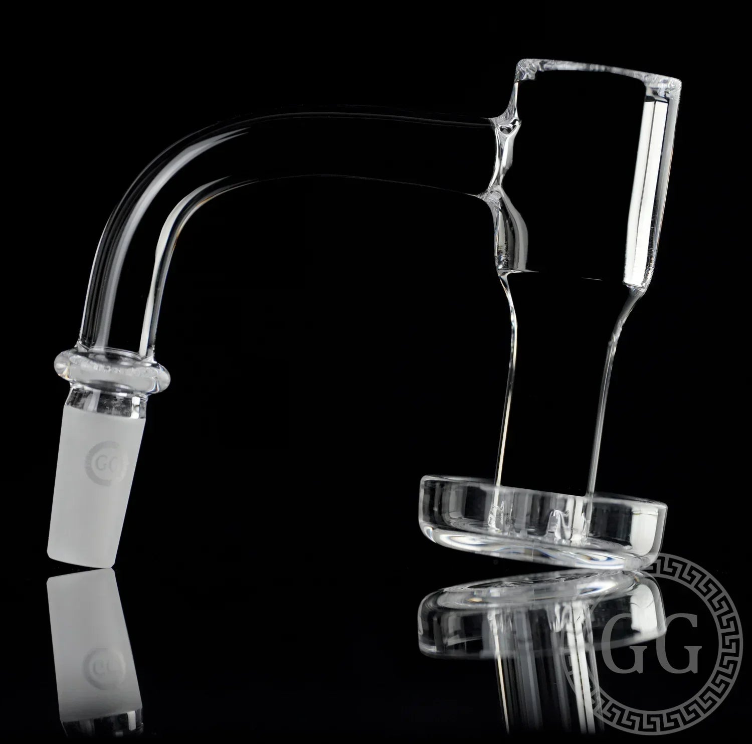 Clear glass quartz banger nail with frosted joint for dab rigs on a black background