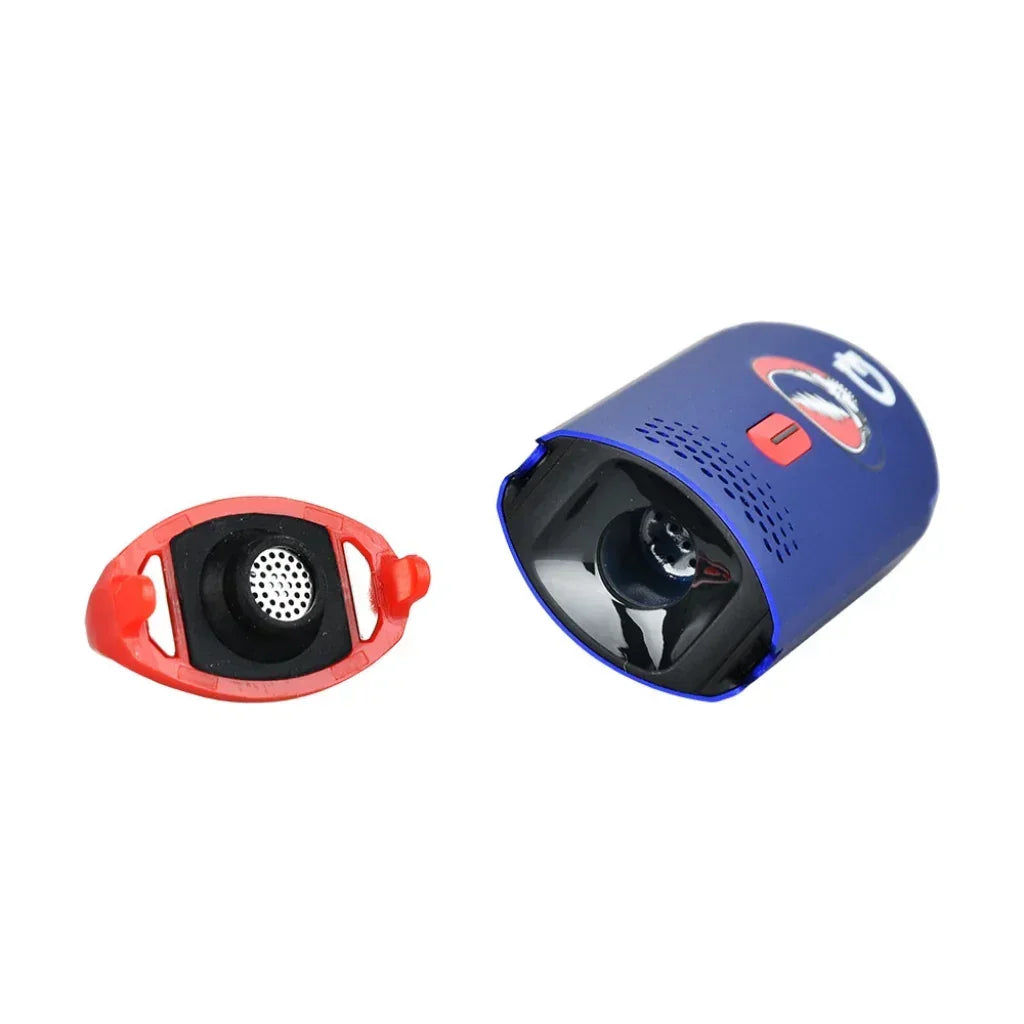 Portable dry herb vaporizer with blue body and red removable mouthpiece