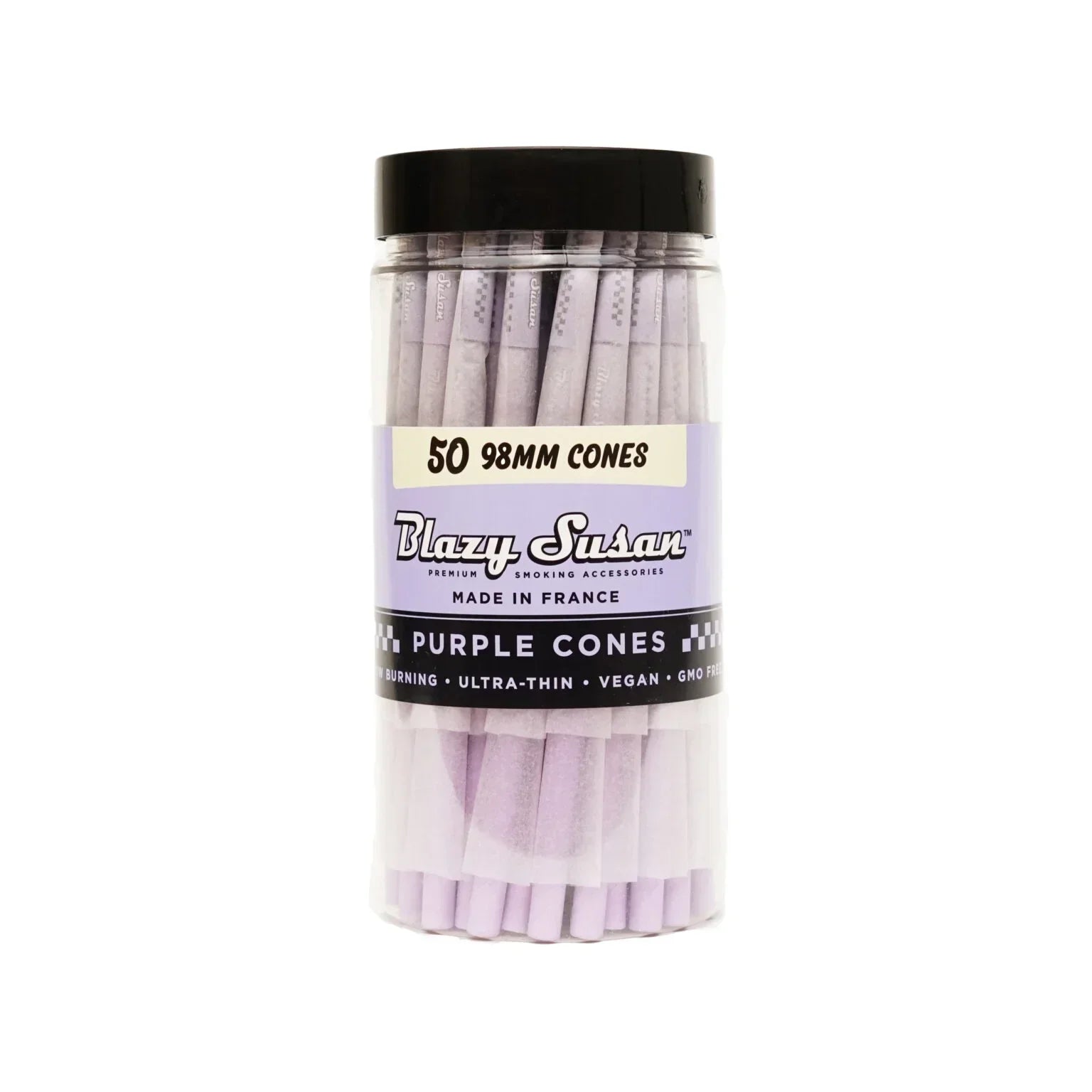 Jar of Blazy Susan 98mm purple pre-rolled cones, 50 count, premium smoking accessories