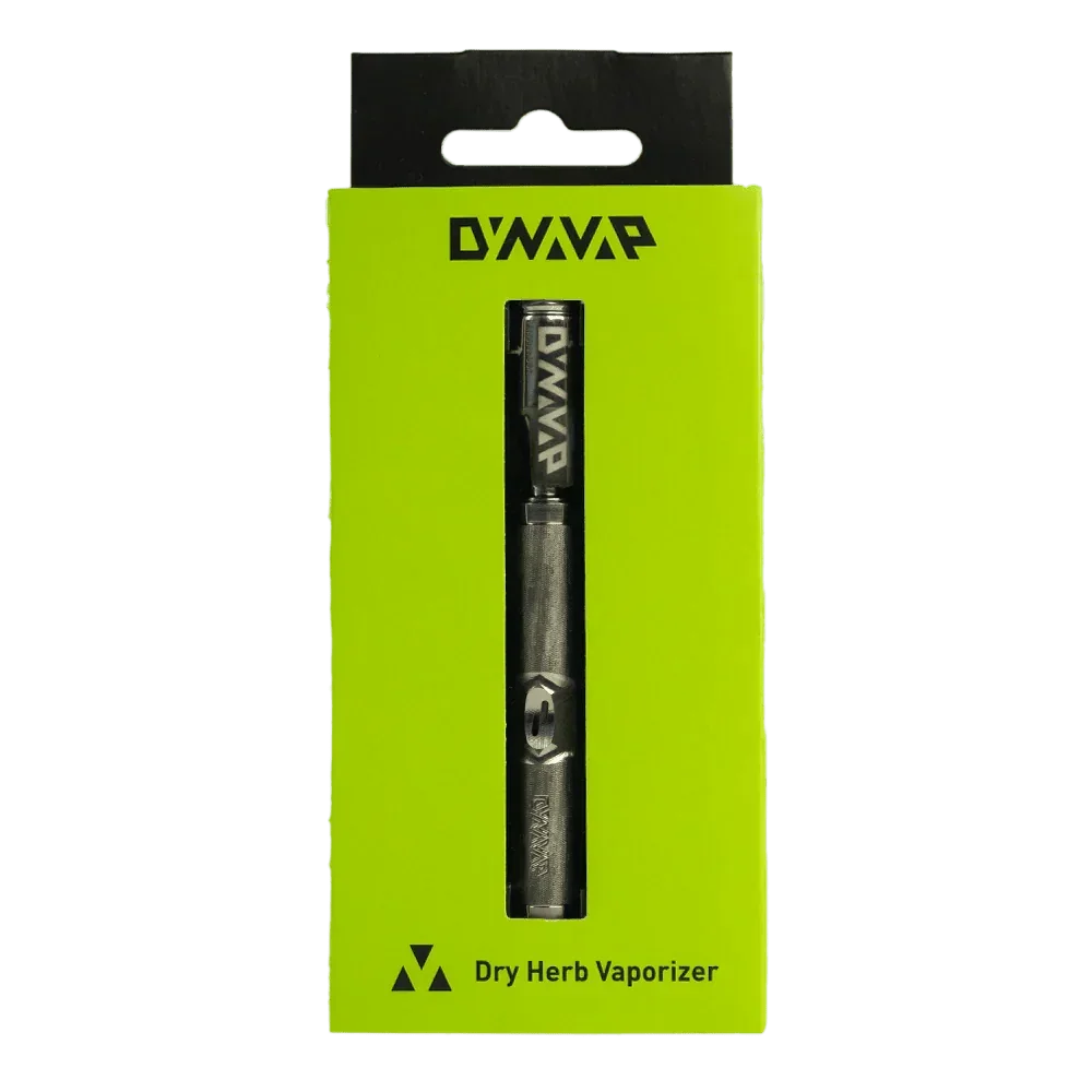 DynaVap dry herb vaporizer in black retail packaging with green background