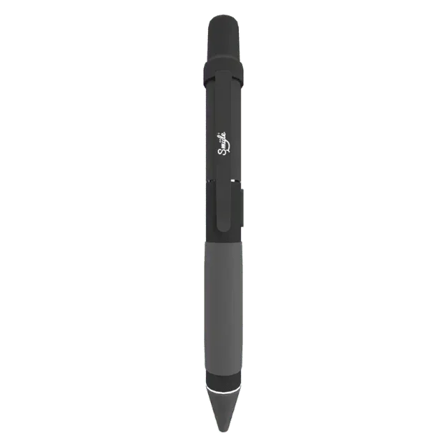 Black and gray vape pen with clip, isolated on white background