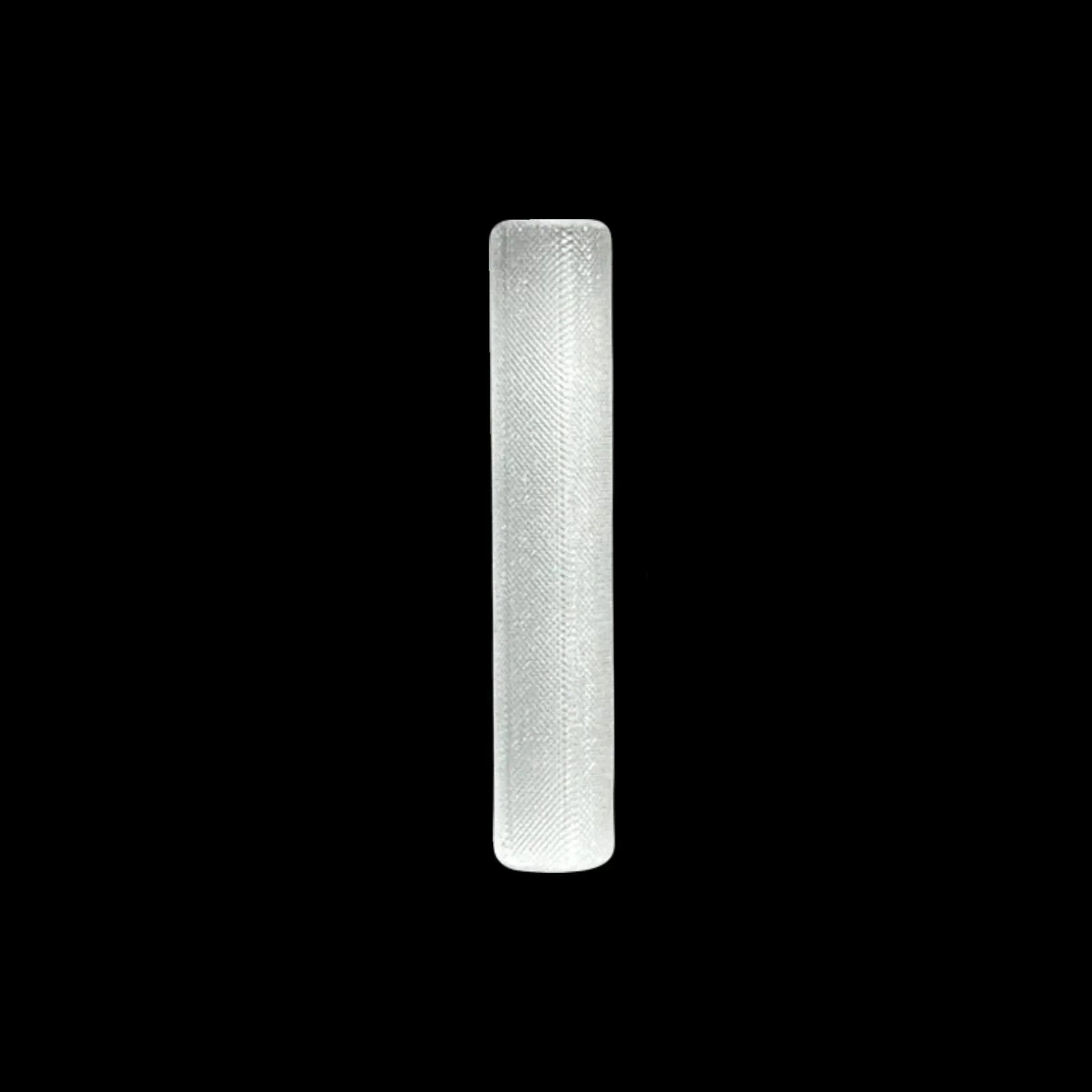 Textured clear glass chillum on black background, hand pipe smoking accessory