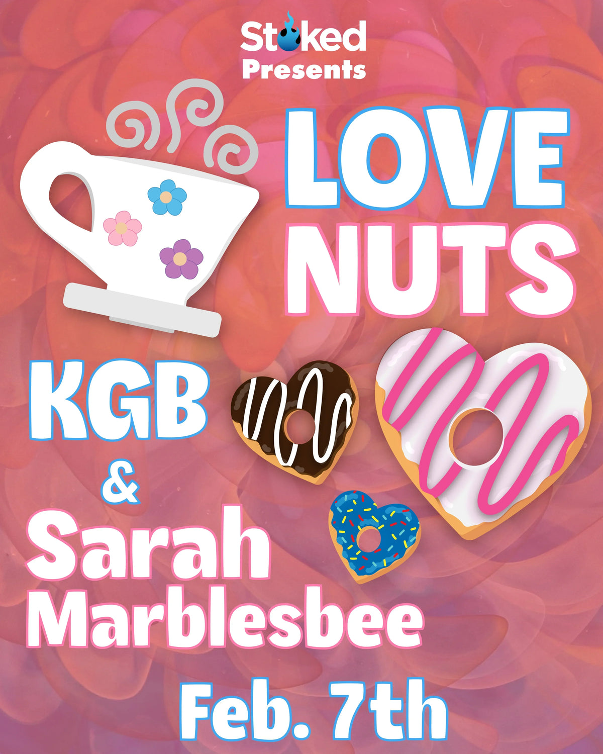 Colorful event flyer with heart-shaped donuts, a flowered teacup, and event details on a pink background.
