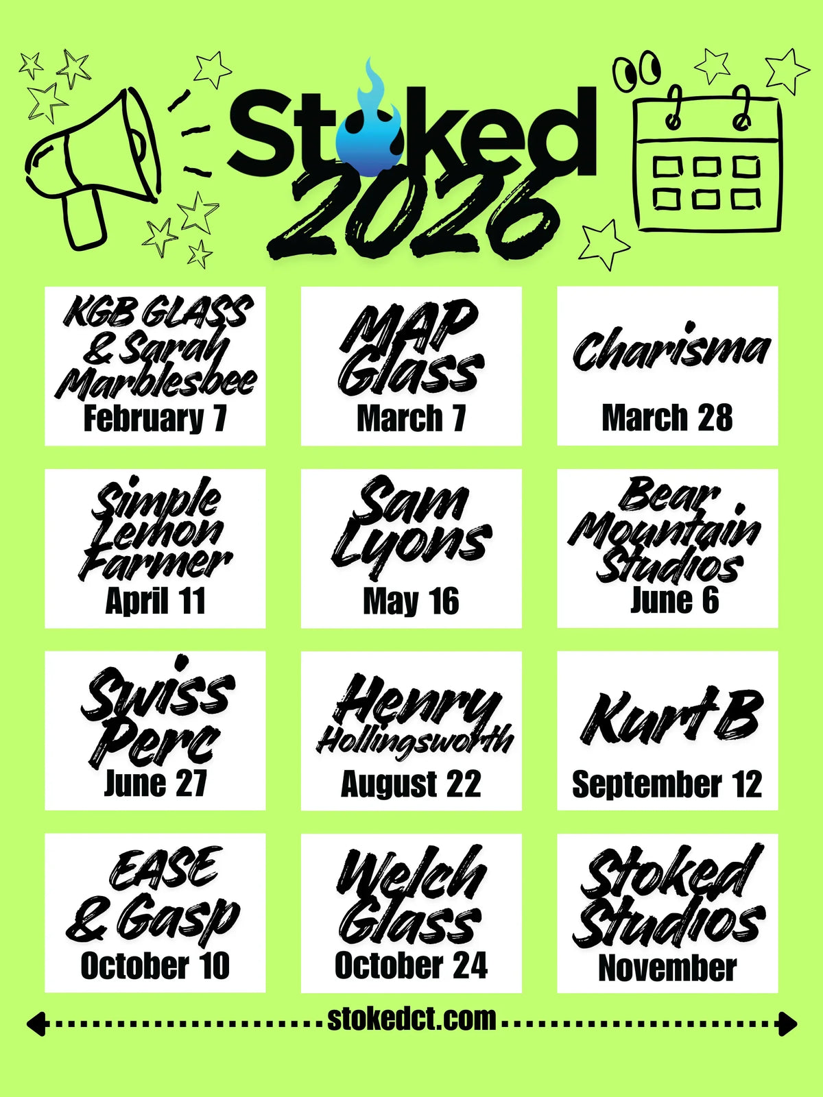 Event calendar graphic for 2026 Stoked events