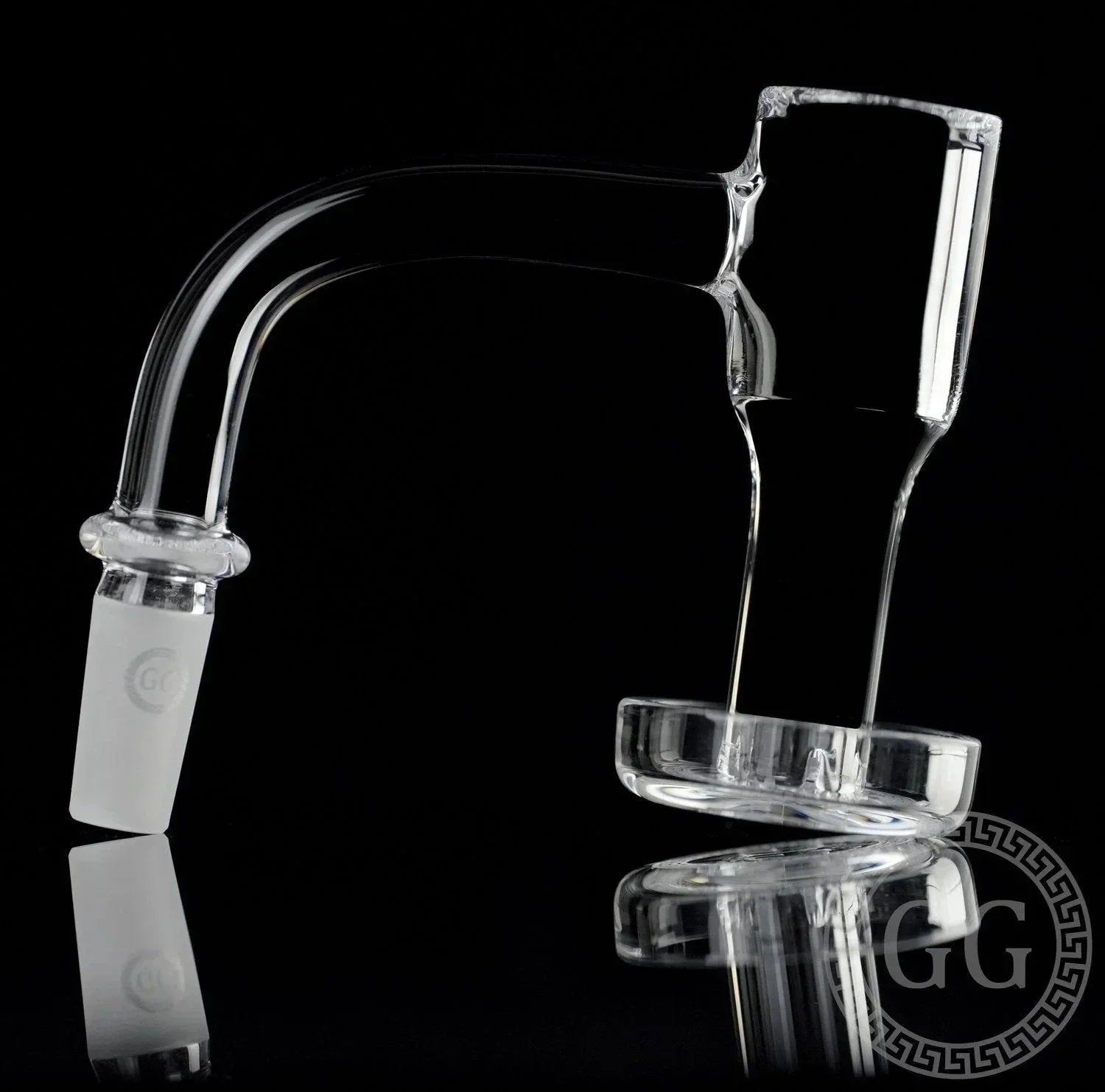 Clear quartz glass banger with frosted joint for dab rigs on black background