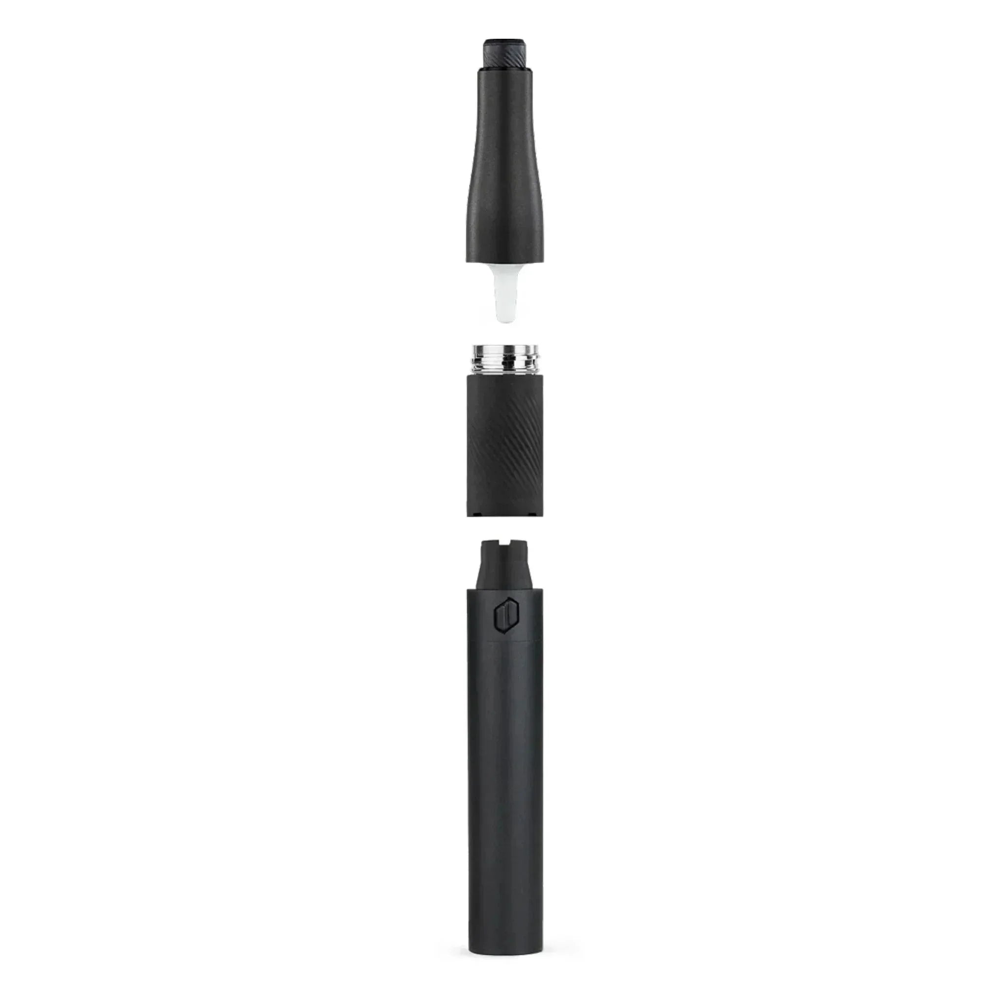 Black portable vaporizer pen with mouthpiece, coil, and battery sections separated