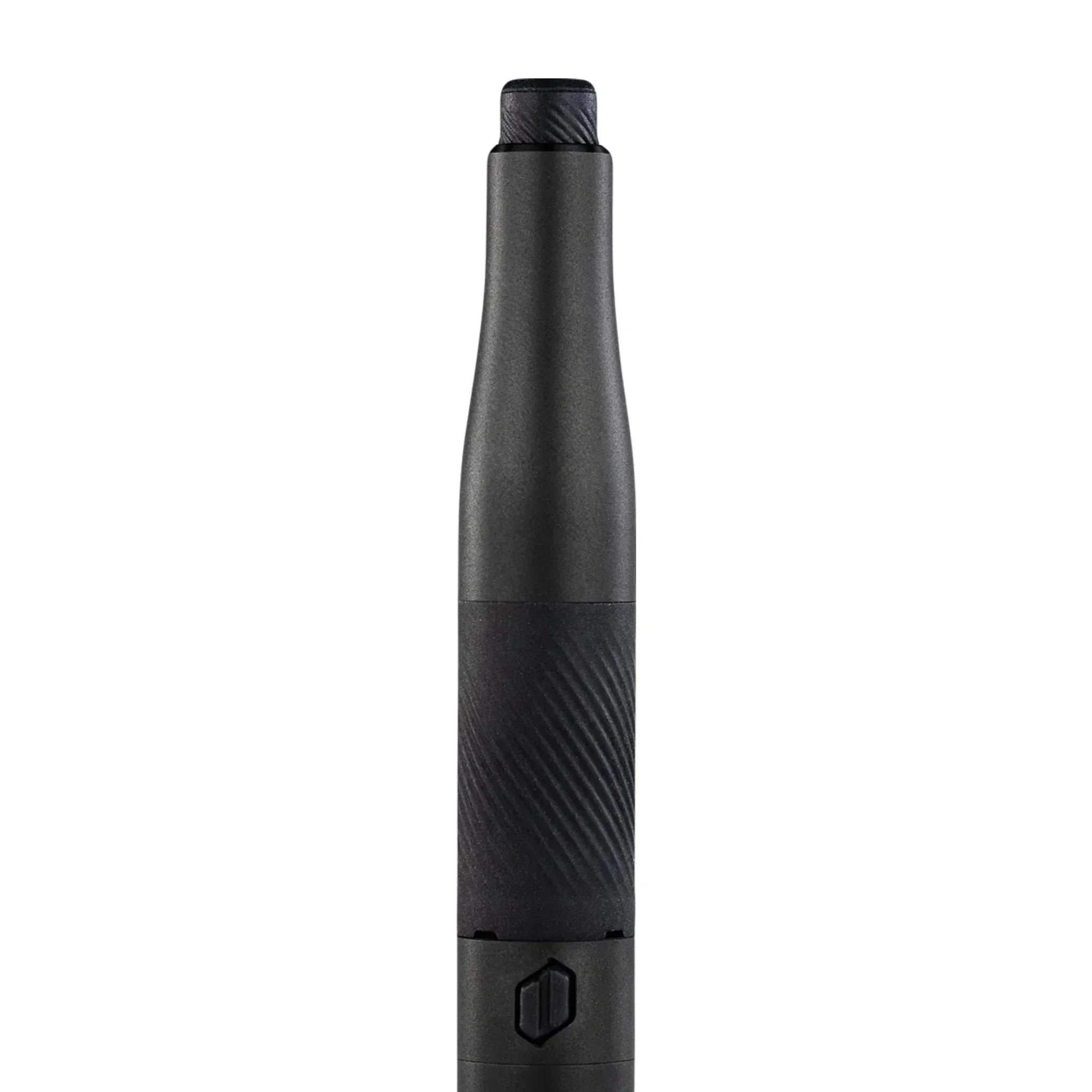 Sleek black portable vaporizer pen with textured grip and button, isolated on white background