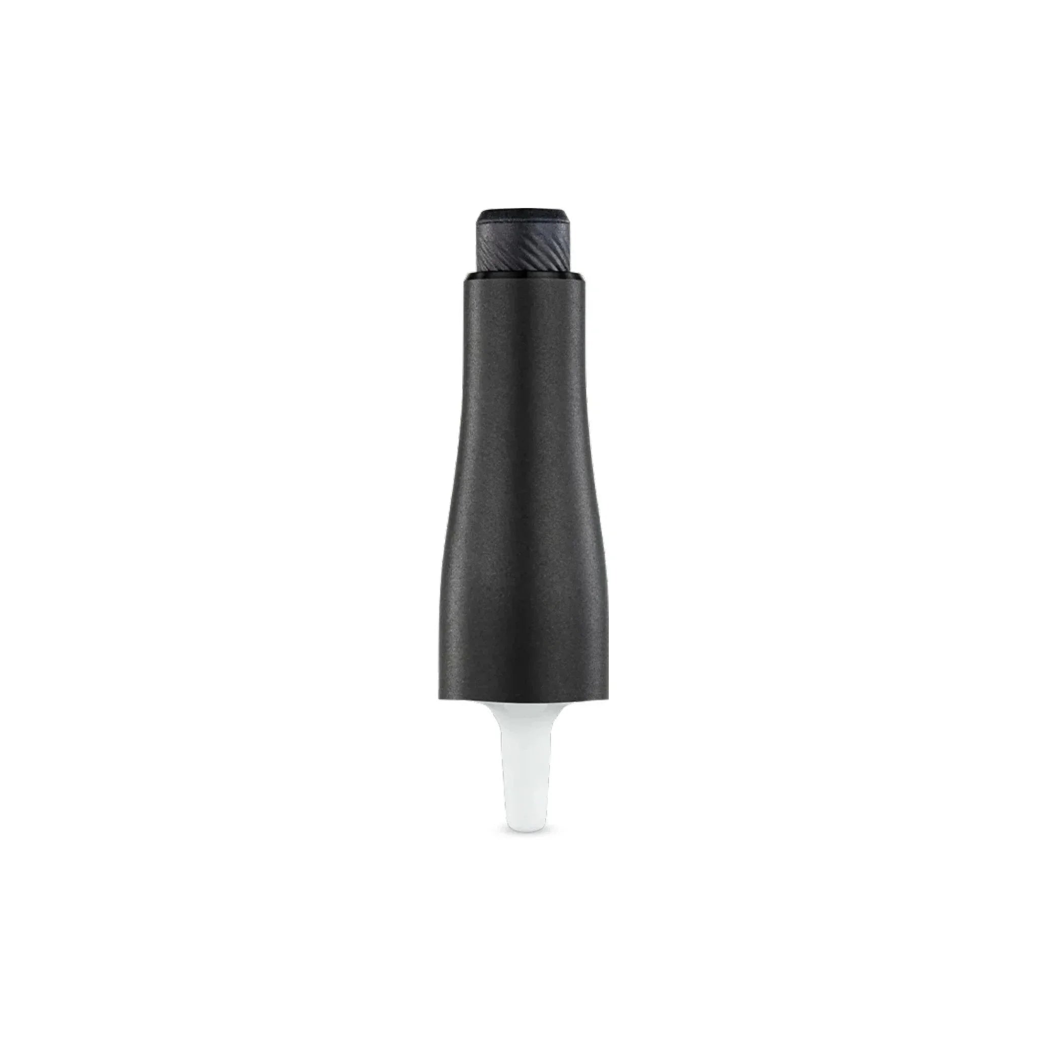 Black vaporizer mouthpiece with tapered design and white connector, isolated on white