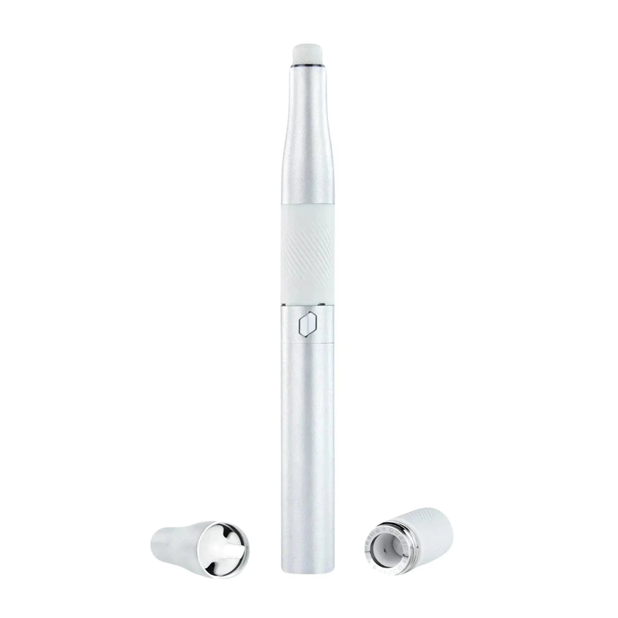 Silver concentrate vaporizer pen with detachable mouthpiece and chamber on white background