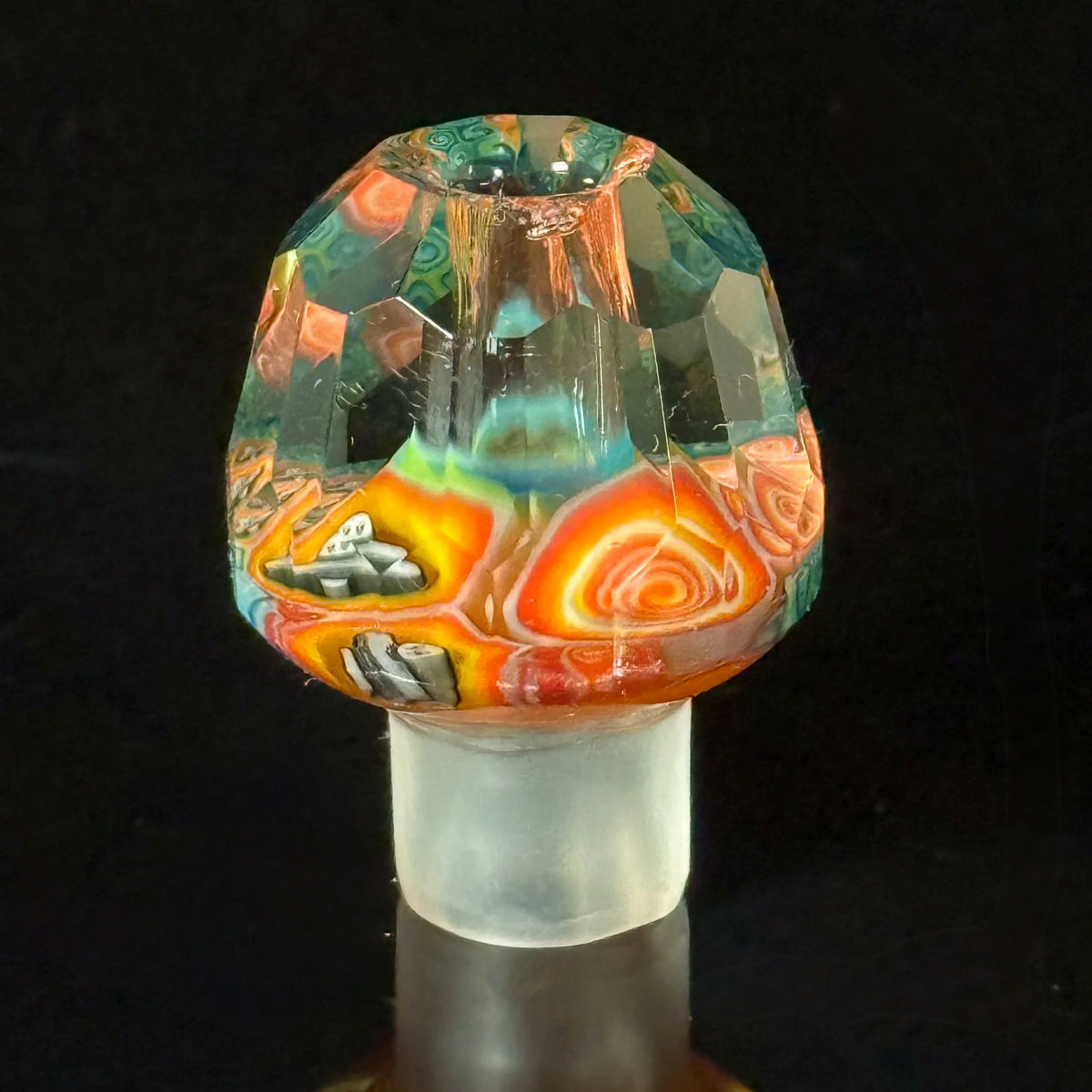 Colorful faceted glass bowl with swirled designs for water pipe or glass smoking accessory