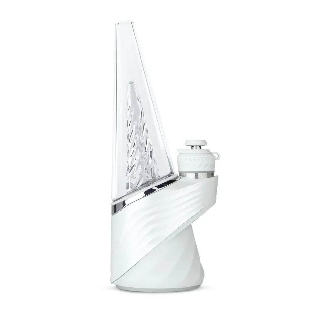 White Puffco vaporizer with glass cone top and modern swirl design on a white background