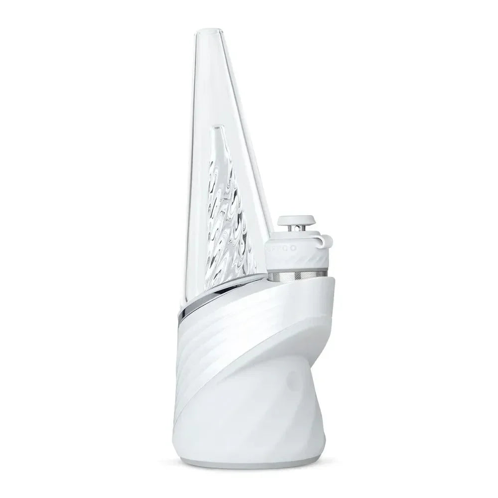 White electronic glass vaporizer with sleek cone-shaped design on plain background