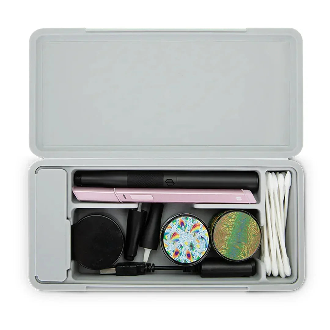 Vaporizer cleaning and accessory kit in a gray case with containers and cotton swabs