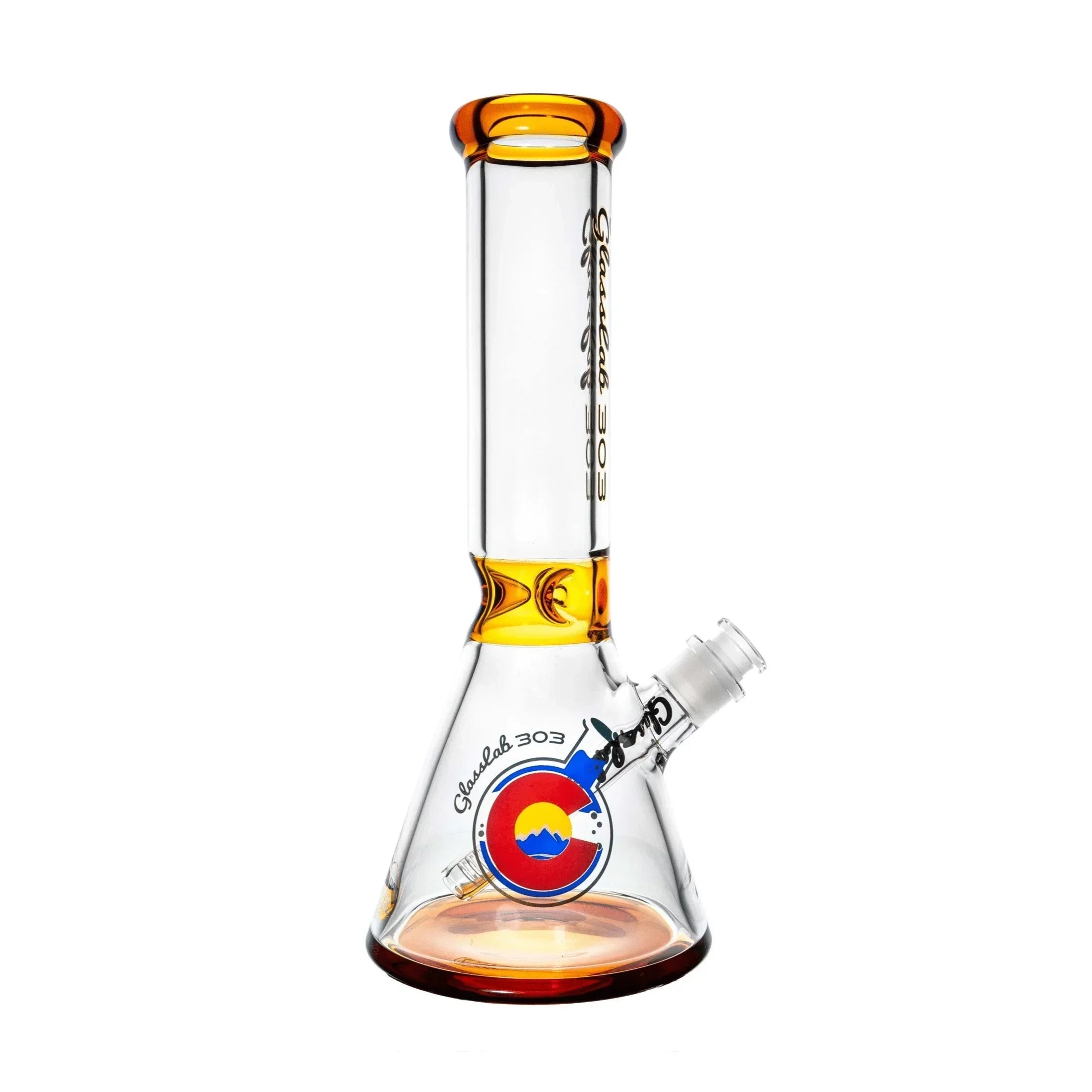 Clear glass beaker bong with amber accents and Colorado-inspired graphic design