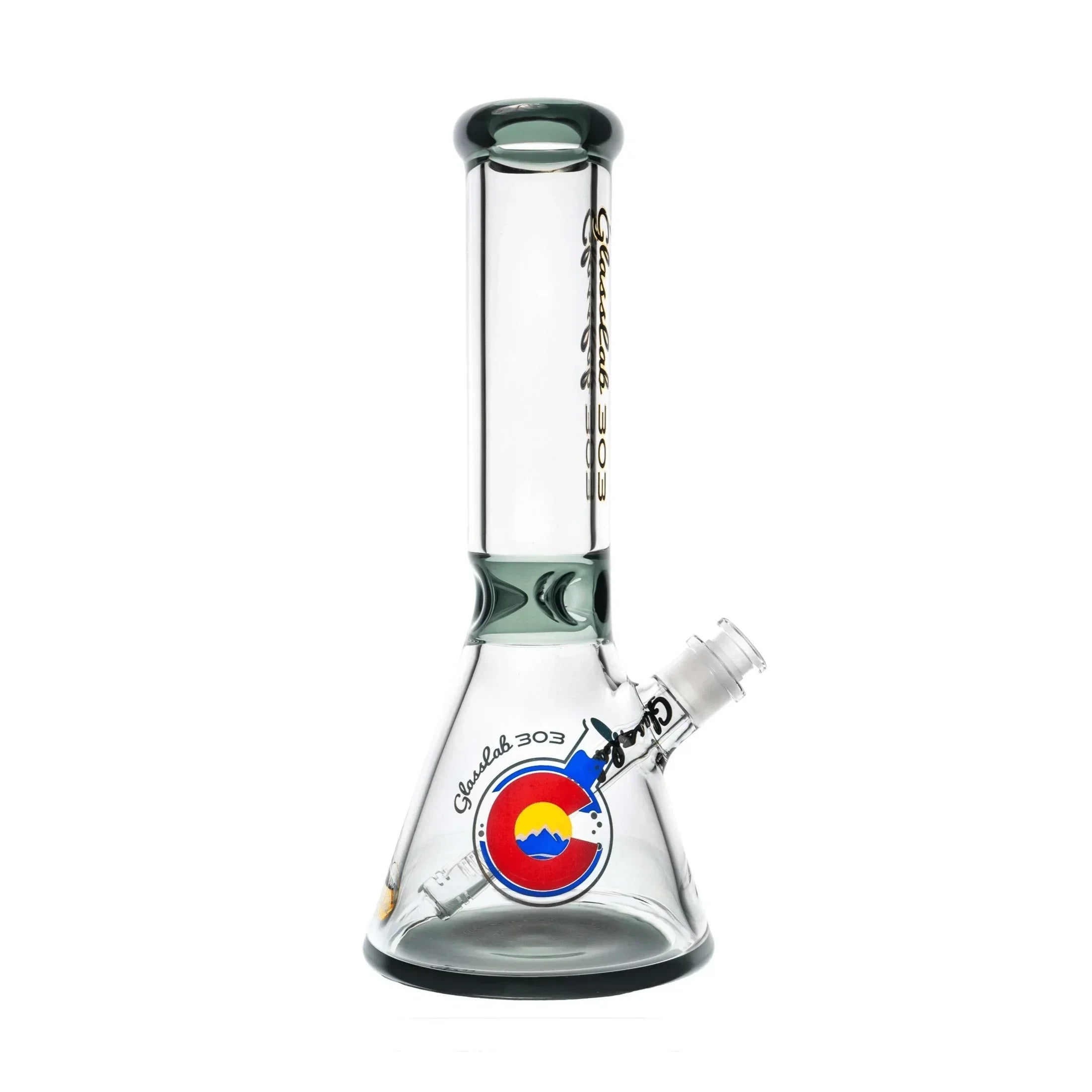 Clear glass beaker water pipe with colorful Colorado-inspired decal and Glasslab 303 logo