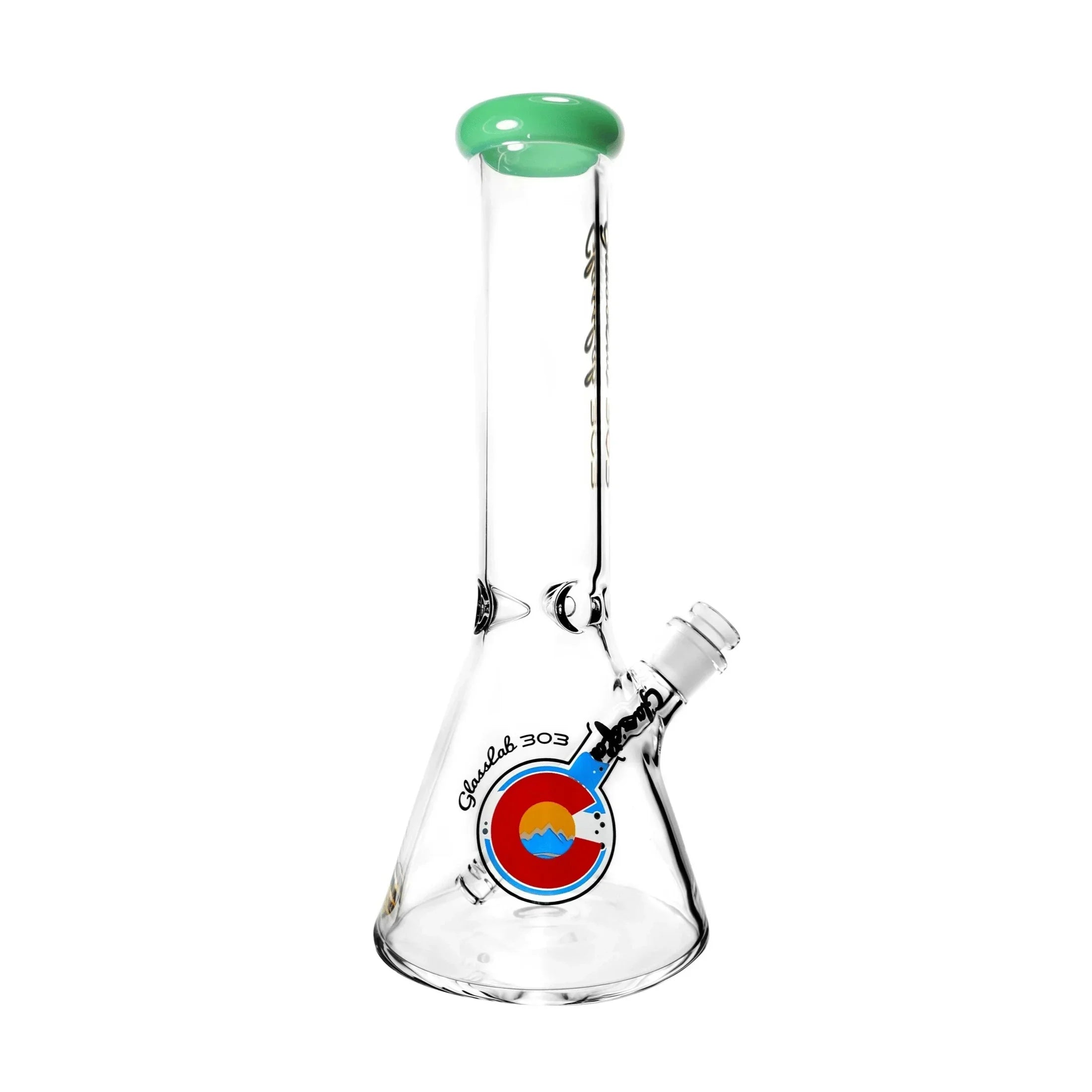 Clear glass beaker bong with Colorado-themed logo and green mouthpiece, on white background