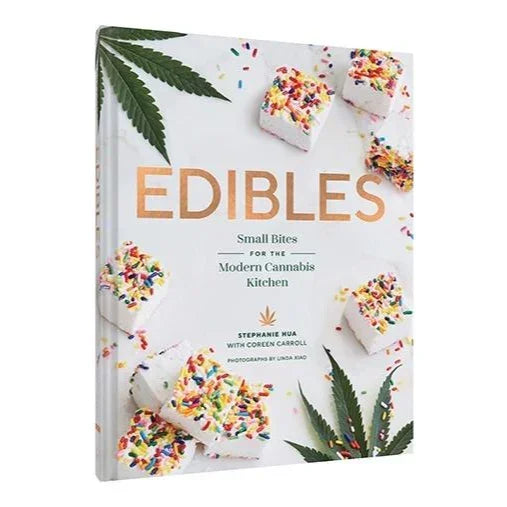 Edibles cookbook with cannabis leaf and sprinkle-topped treats on white background