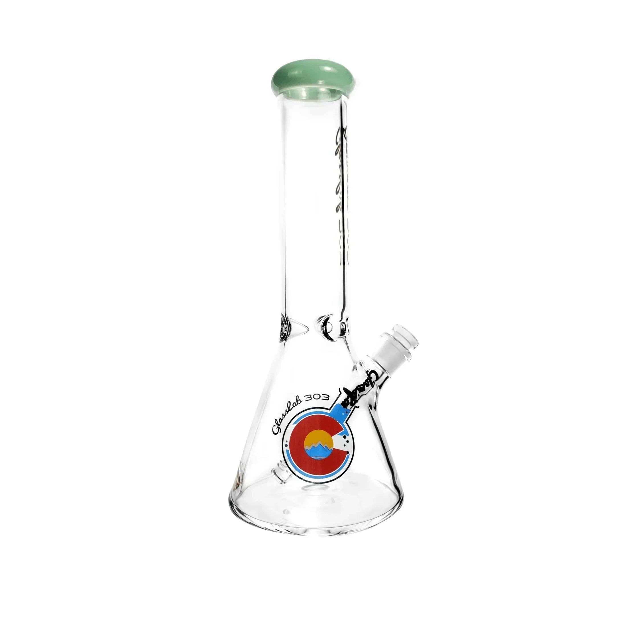 Clear glass beaker bong with Colorado flag design and green mouthpiece