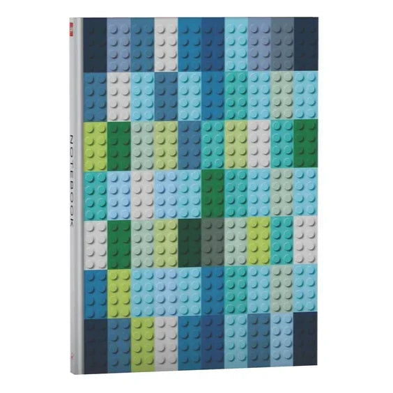 Colorful notebook with LEGO brick pattern cover in blue and green shades