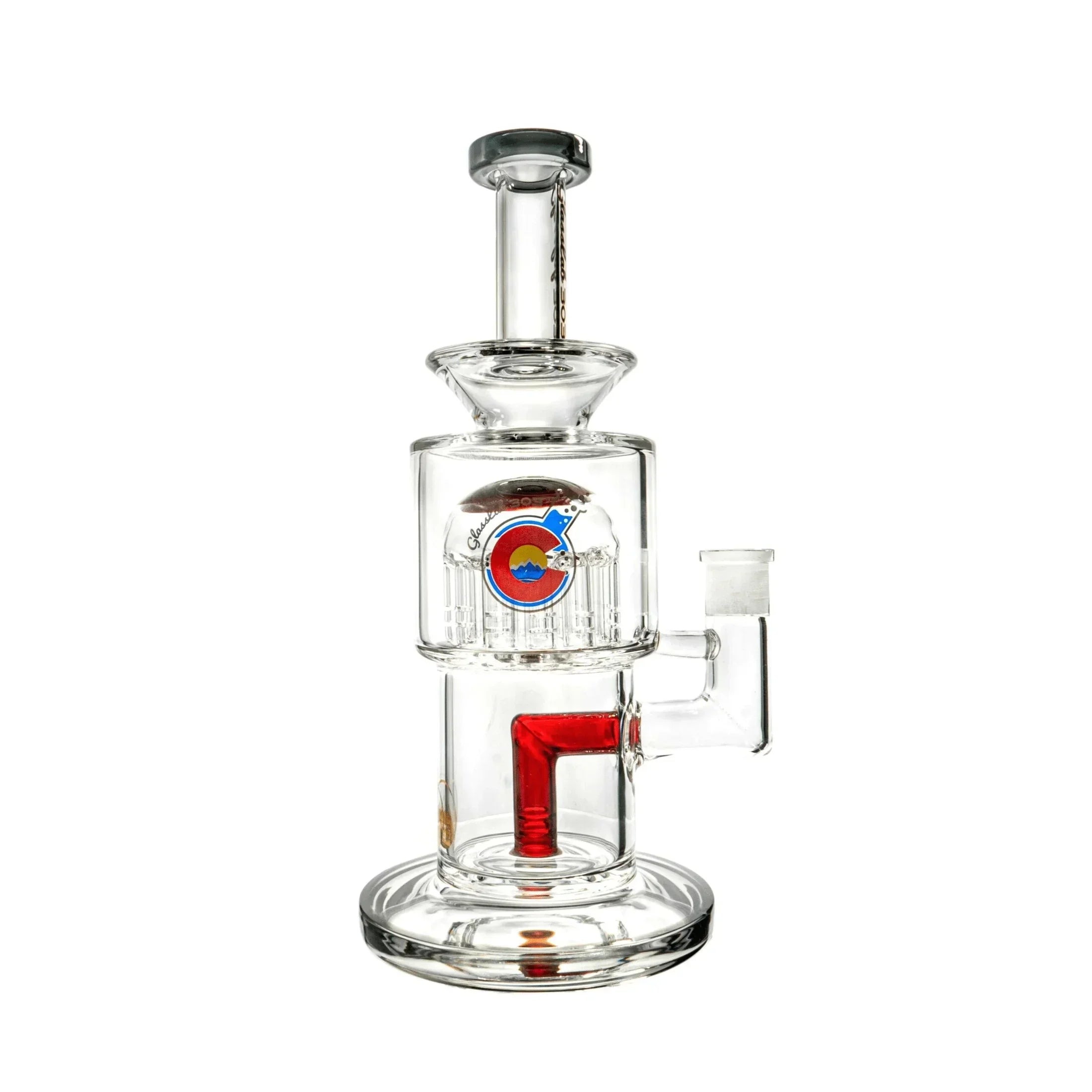 Clear glass water pipe with percolator, colorful logo, and red accent, isolated on white