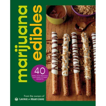 Book cover titled 'marijuana edibles' showing chocolate dipped pretzel rods with toppings.