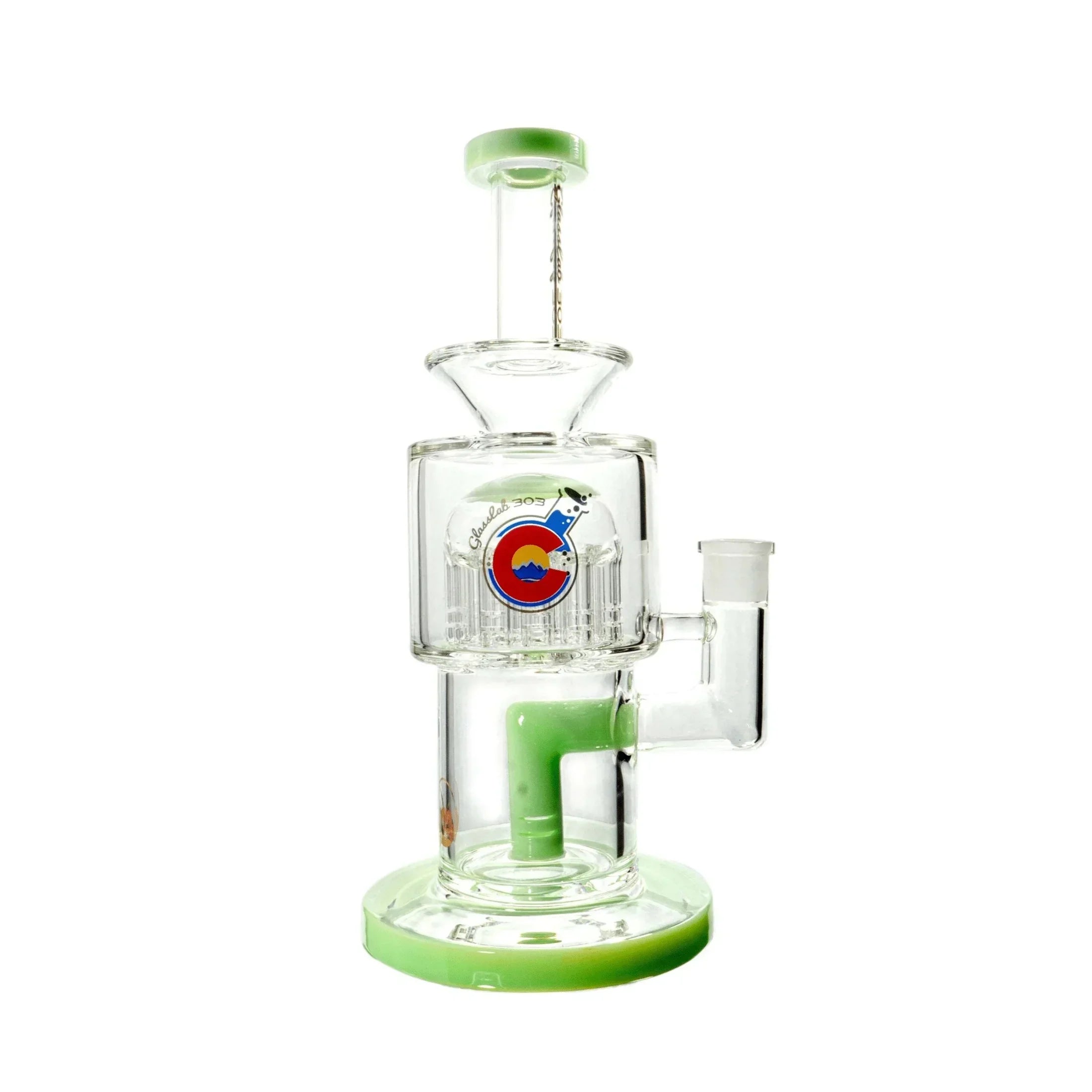 Clear glass water pipe with green accents and Colorado-themed logo, on white background.