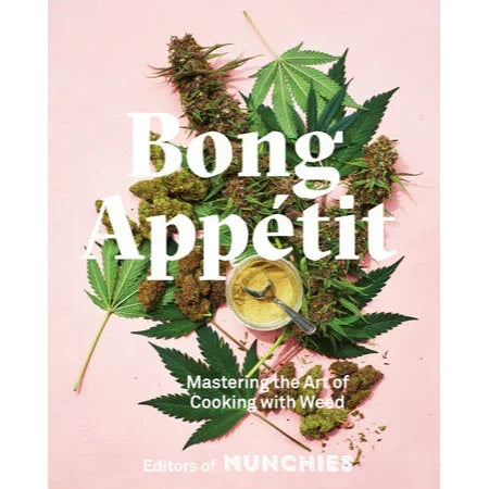 Bong Appétit cookbook cover with cannabis leaves, buds, and a bowl of dip on pink background