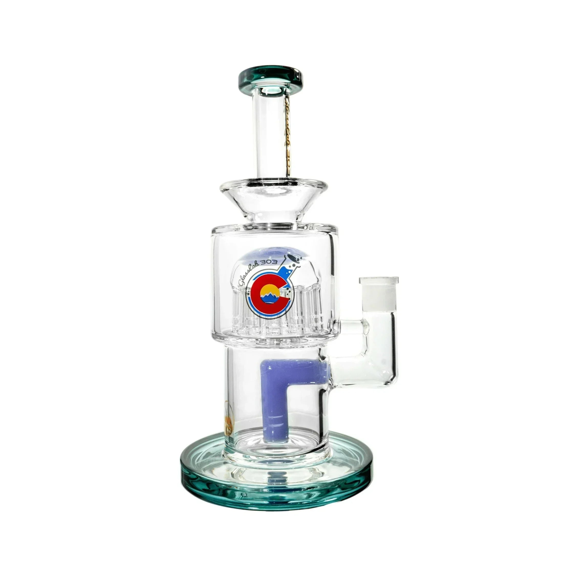 Clear glass water pipe with a colorful Colorado logo and purple accents, perfect for smoking