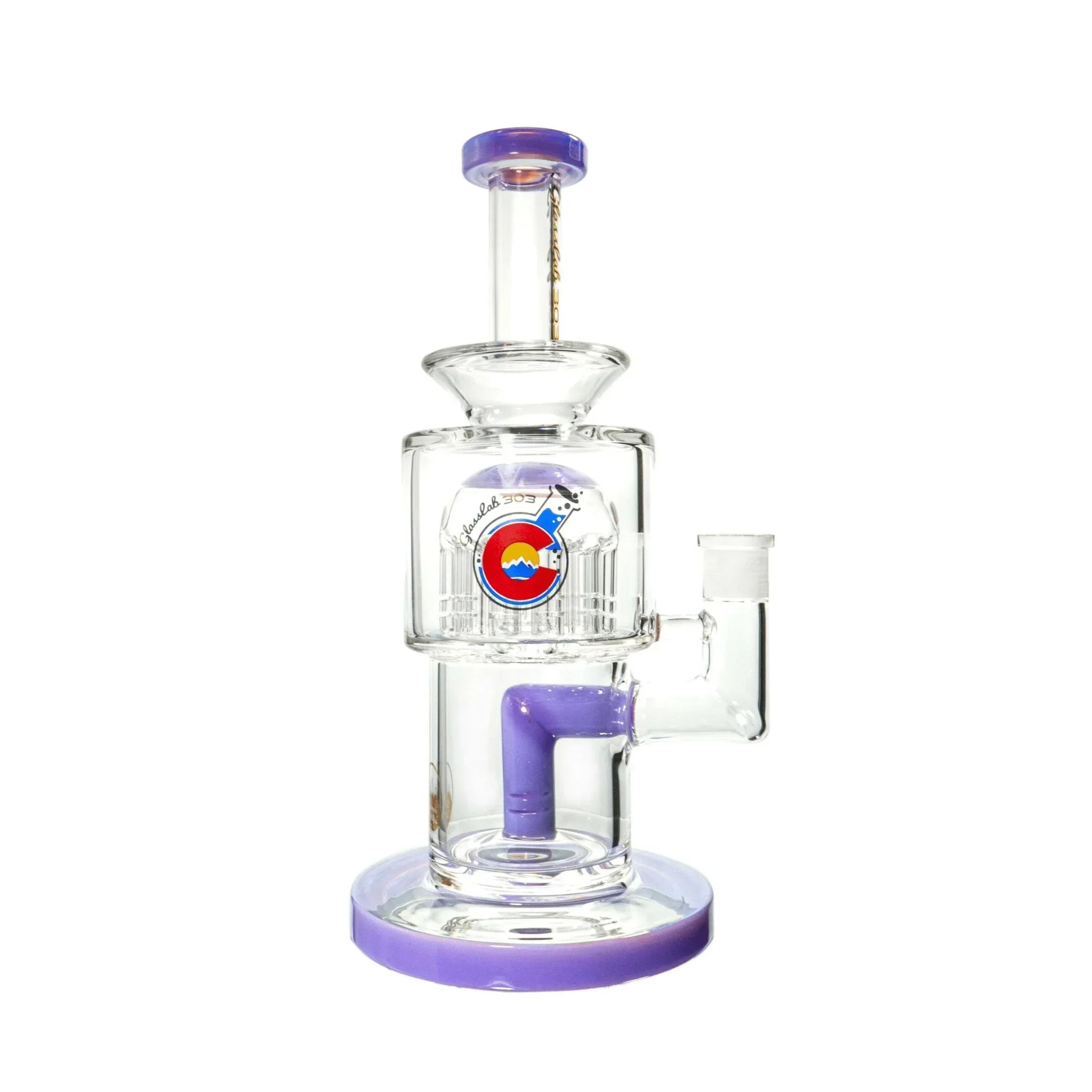 Clear glass water pipe with purple accents and a colorful Colorado-themed logo